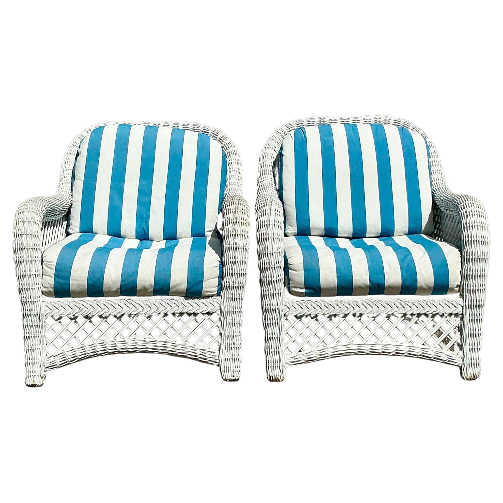 Vintage Costal Woven Rattan Lounge Chairs - a Pair