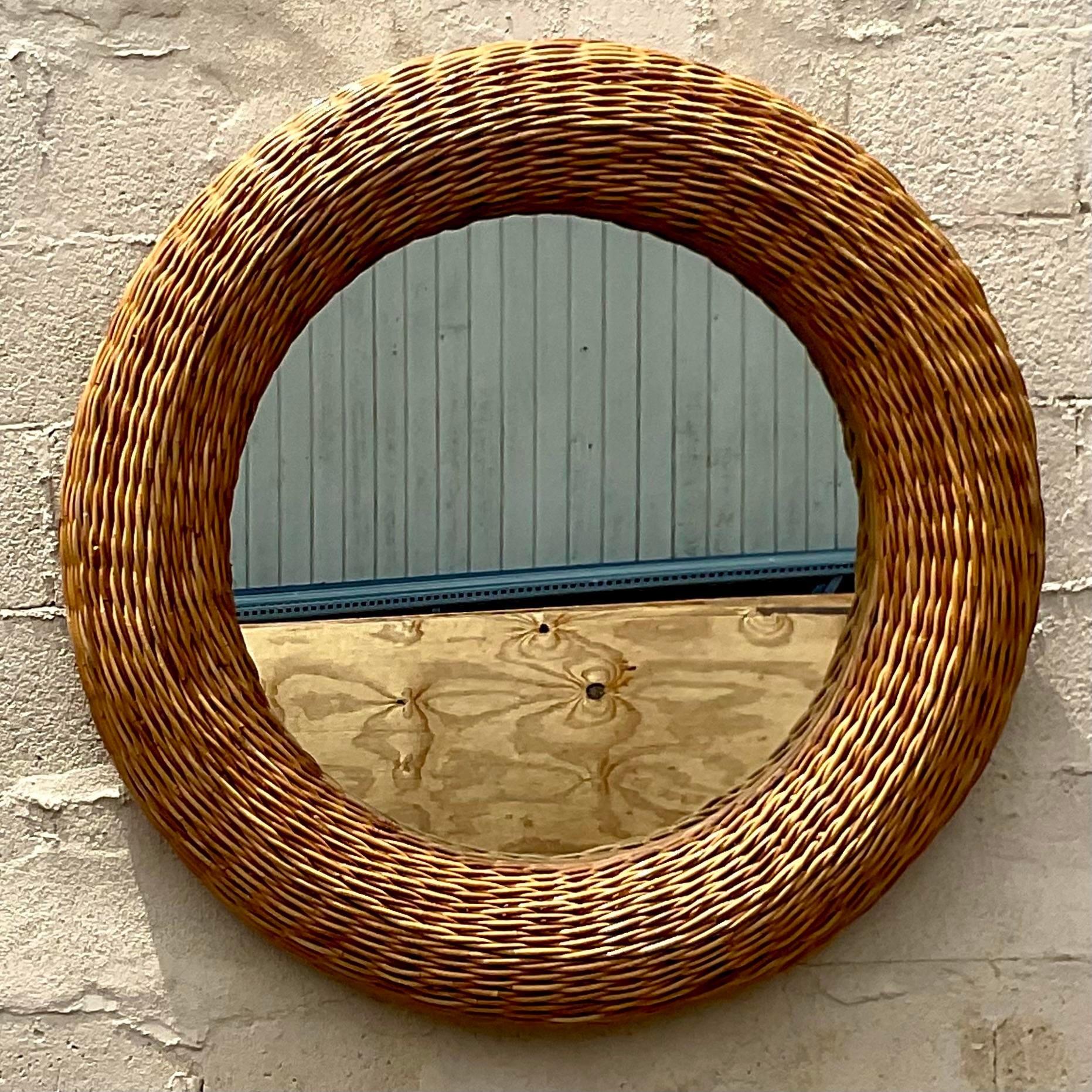 Vintage Costal Woven Rattan Mirror In Good Condition In west palm beach, FL