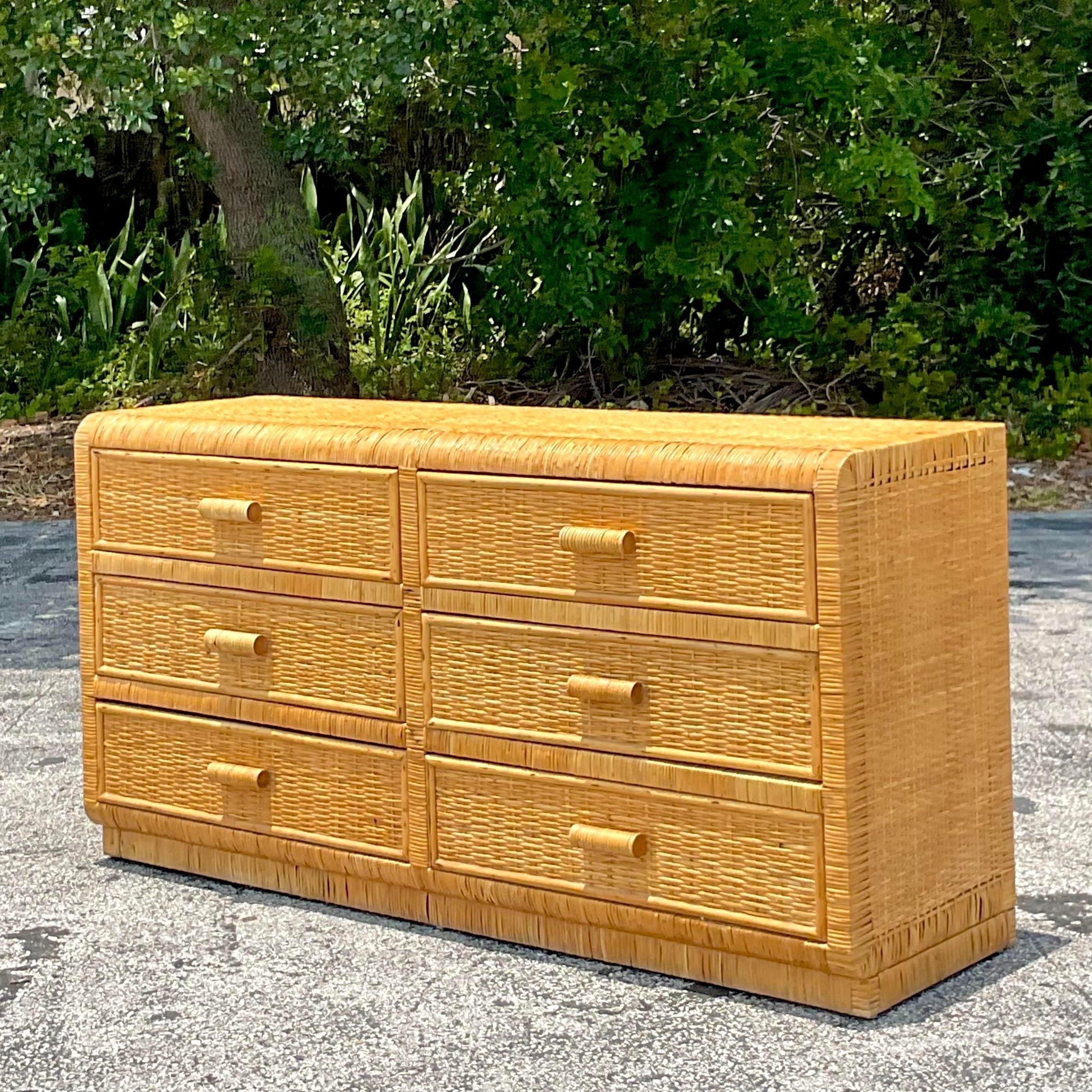 Vintage Costal Woven Rattan Six Drawer Dresser In Good Condition For Sale In west palm beach, FL