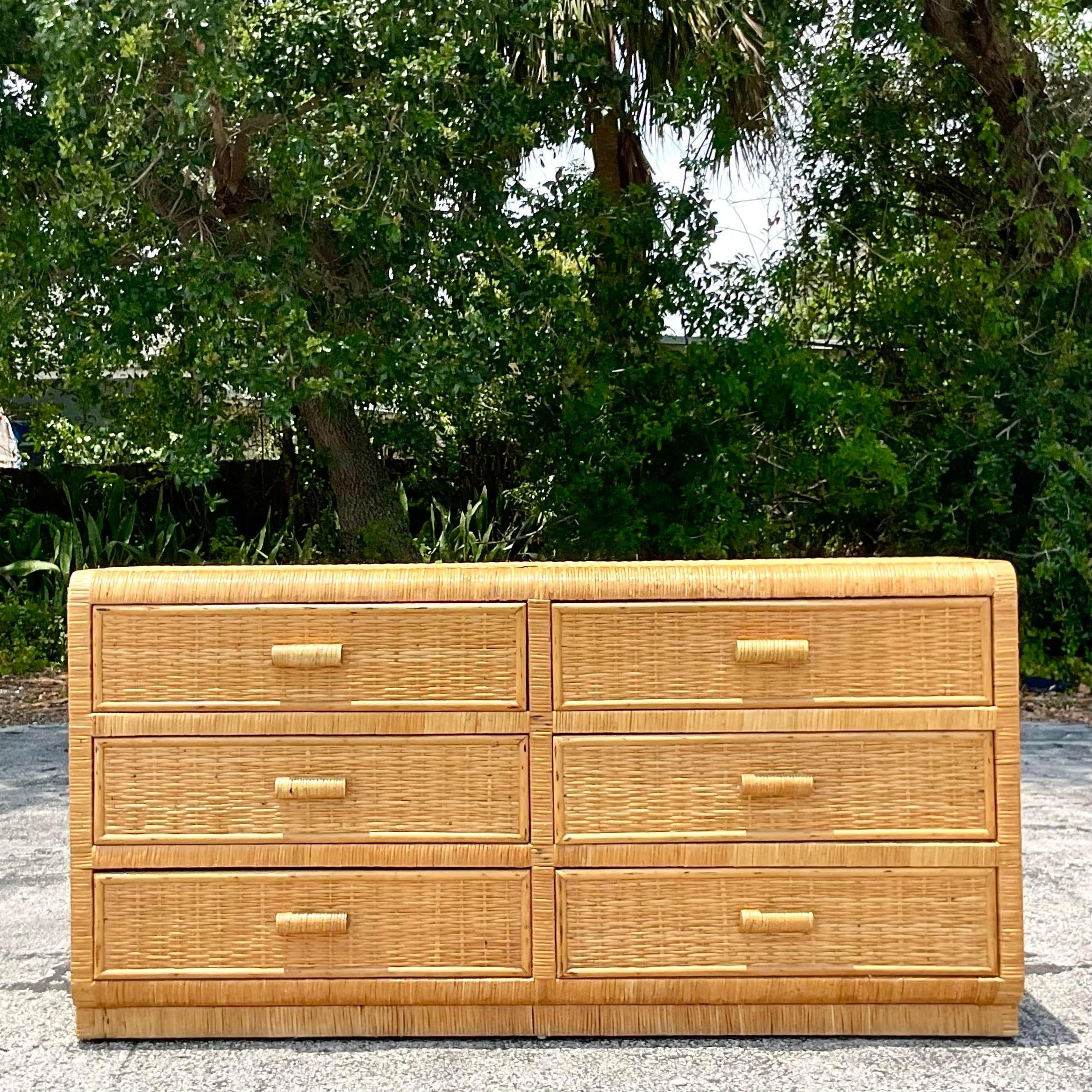 20th Century Vintage Costal Woven Rattan Six Drawer Dresser For Sale