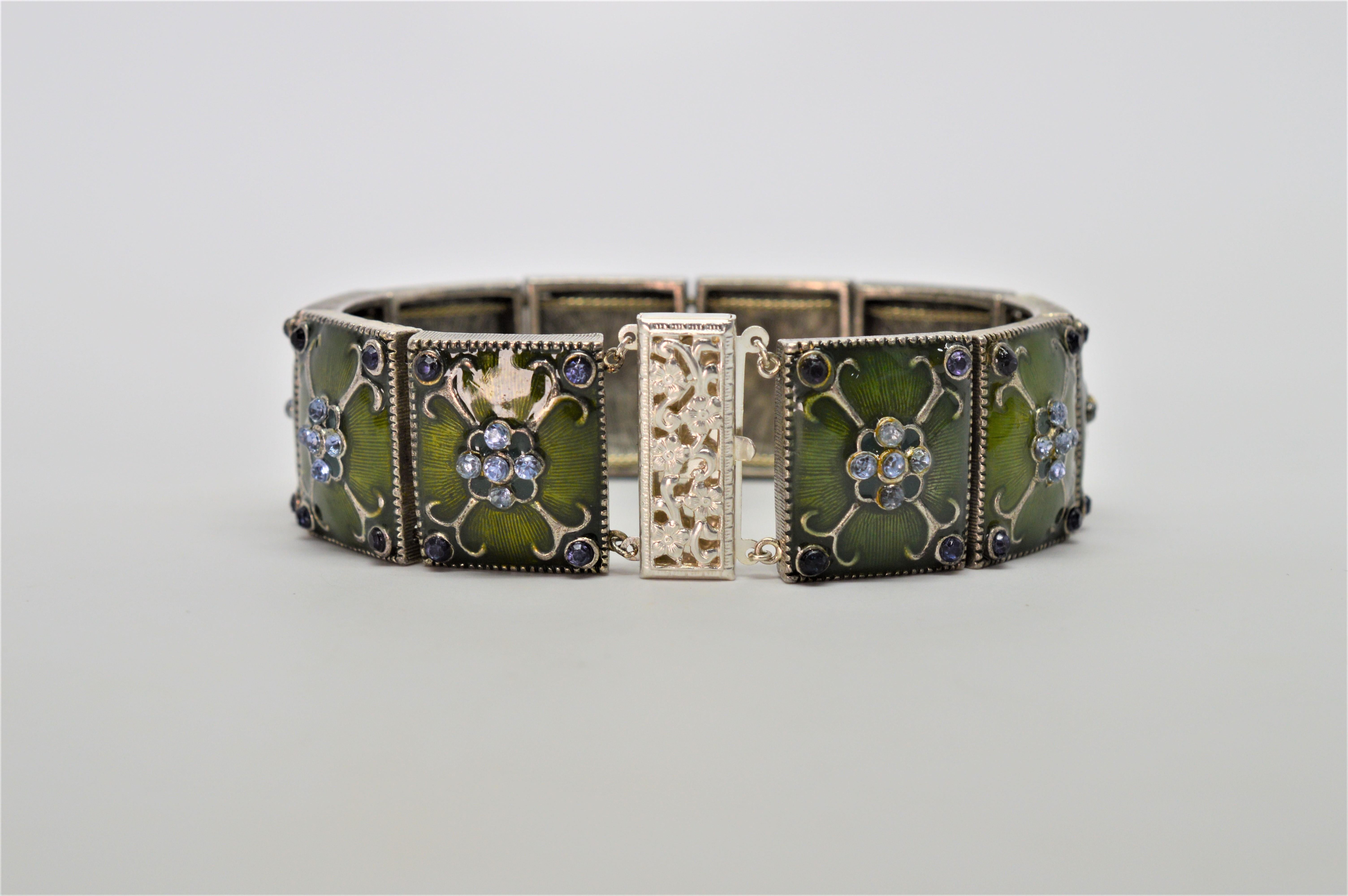 Mixed Cut Vintage Costume Green Enamel Link Bracelet with White Sapphire and Onyx For Sale