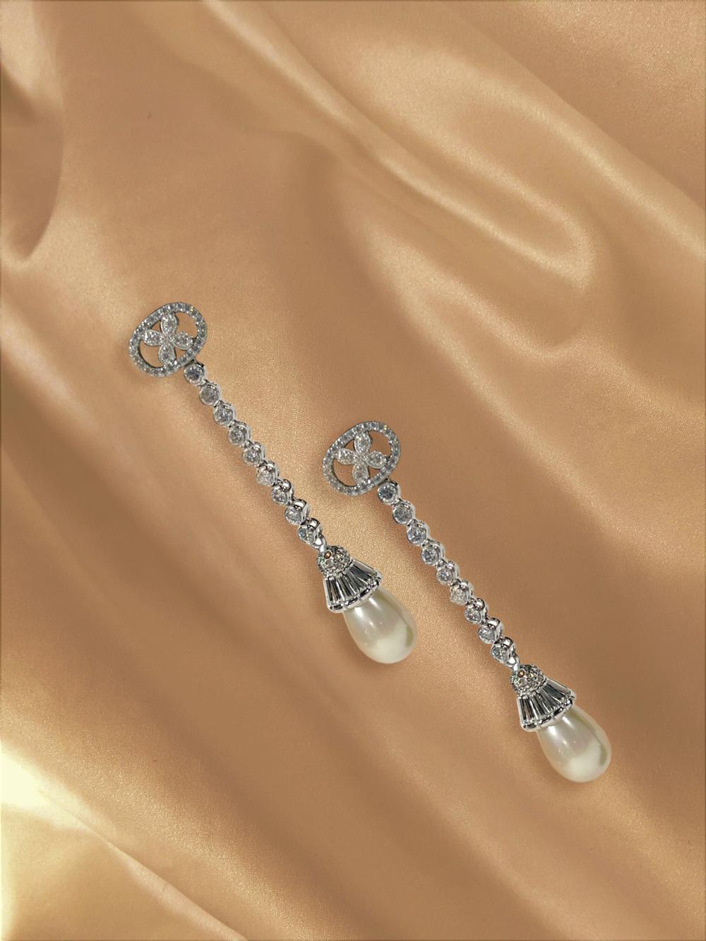 Art Deco Vintage Costume Jewelry Diamanté Pearl Sterling Long Dangly Earrings 