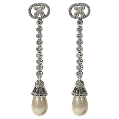 Vintage Costume Jewelry Diamanté Pearl Sterling Long Dangly Earrings 