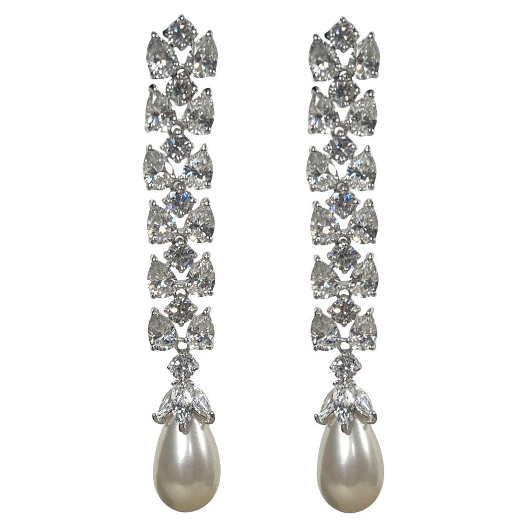 Vintage Diamanté Pearl Sterling Long Dangly Earrings by Clive Kandel