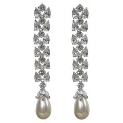 Retro Diamanté Pearl Sterling Long Dangly Earrings by Clive Kandel