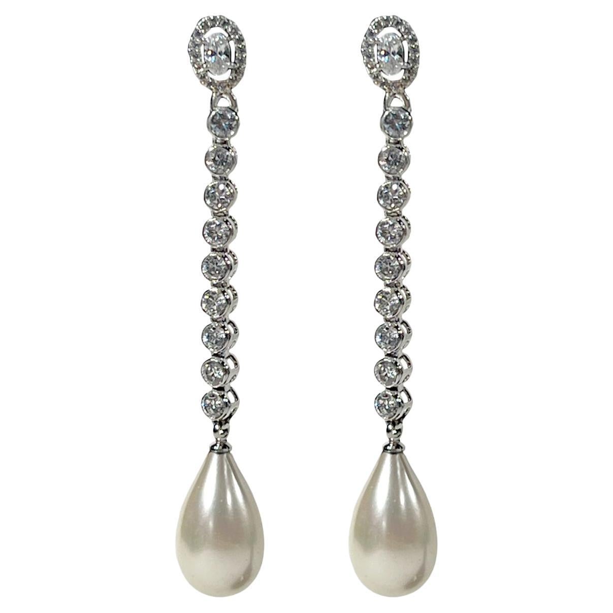 Vintage Costume Jewelry Diamanté Pearl Sterling Long Dangly Earrings The Elegant