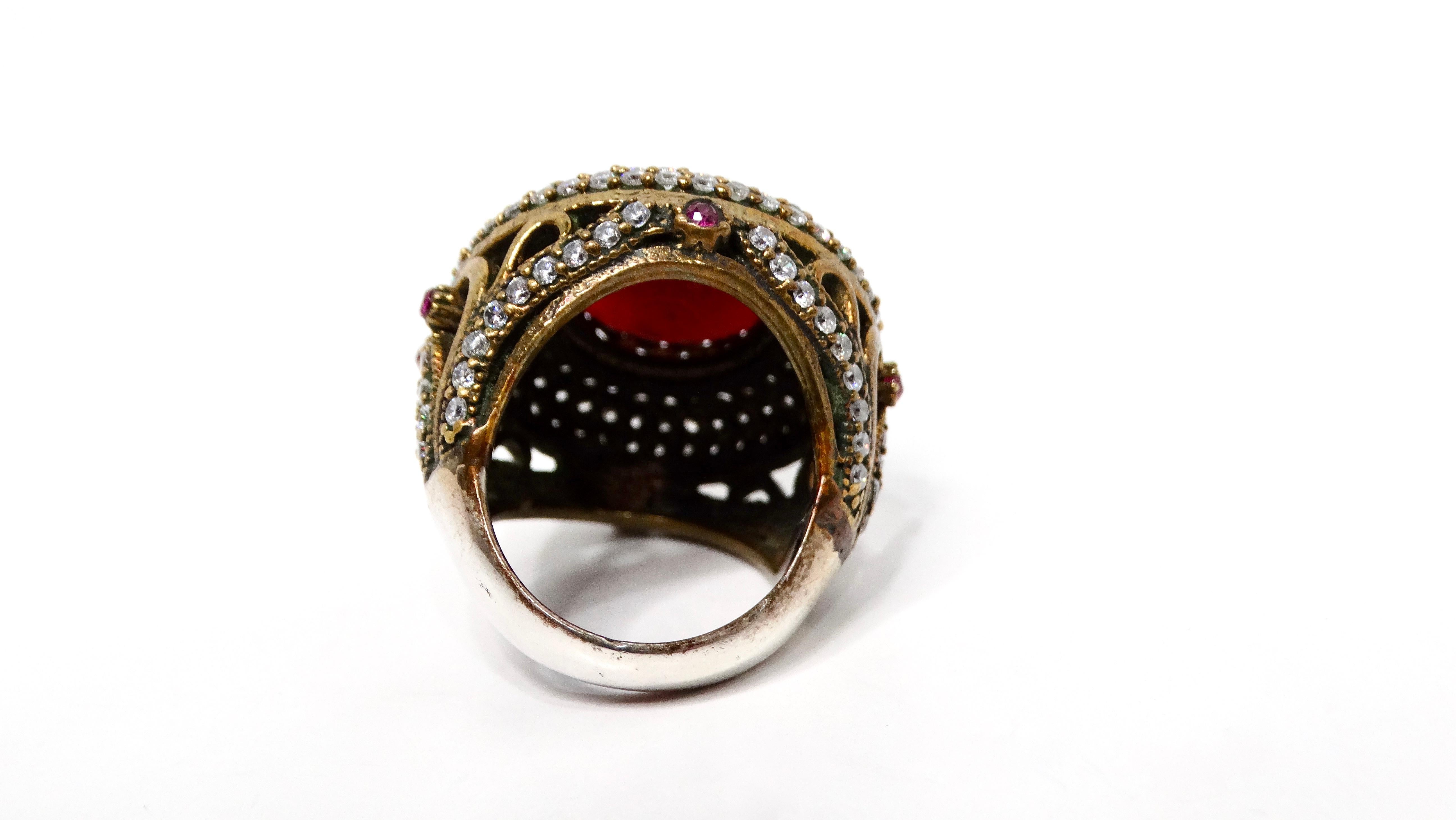 Vintage Costume Ruby & Rhinestone Detailed Round Statement Cocktail Ring In Good Condition For Sale In Scottsdale, AZ
