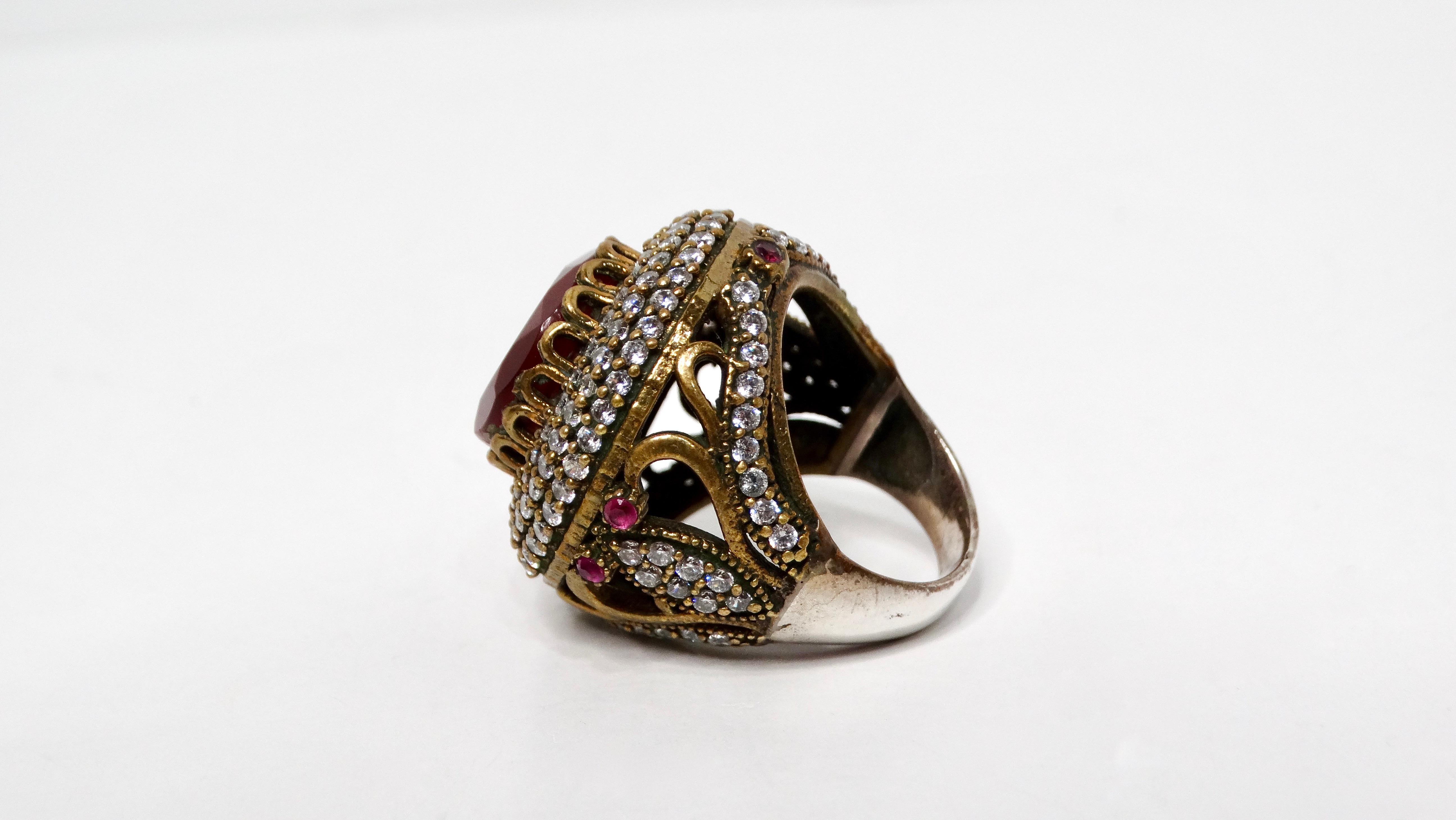Women's Vintage Costume Ruby & Rhinestone Detailed Round Statement Cocktail Ring For Sale