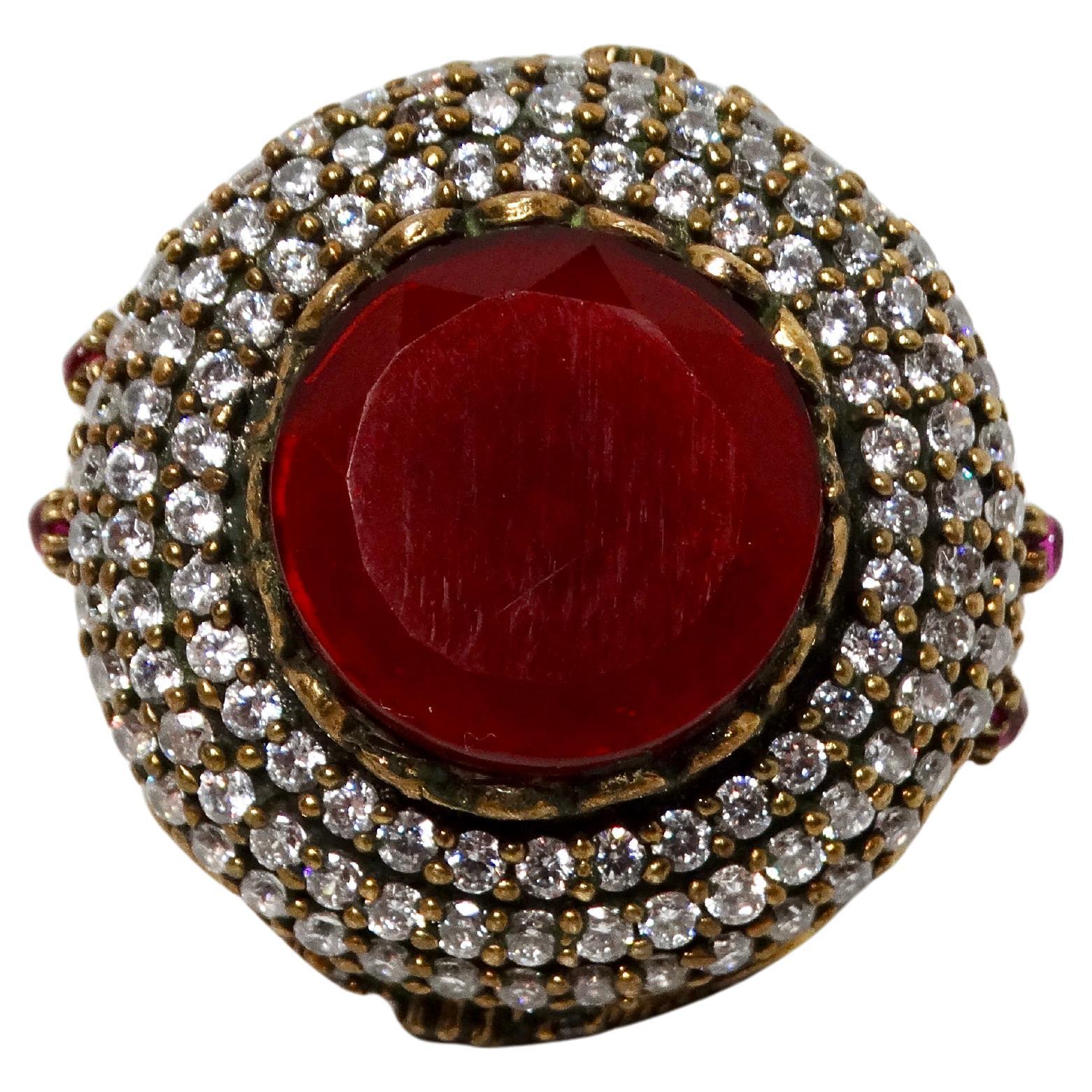 Vintage Costume Ruby & Rhinestone Detailed Round Statement Cocktail Ring