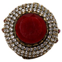Vintage Costume Ruby & Rhinestone Detailed Round Statement Cocktail Ring