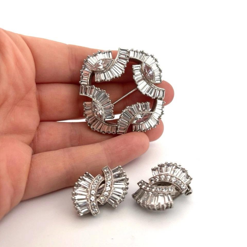 Cushion Cut Vintage Costume White Metal And CZ Sterling Stamp Brooch & Clip-On Earrings Set For Sale