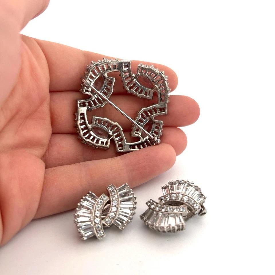 Vintage Costume White Metal And CZ Sterling Stamp Brooch & Clip-On Earrings Set In Fair Condition For Sale In Carmel By The Sea, CA