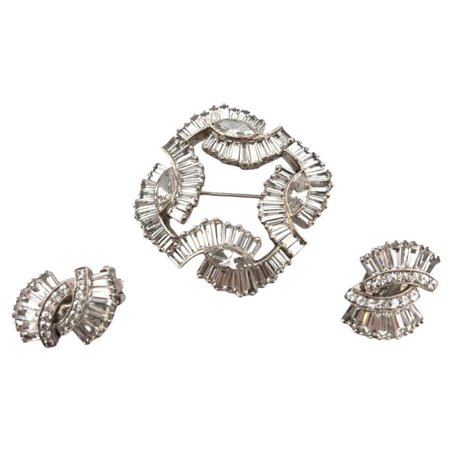 Vintage Costume White Metal And CZ Sterling Stamp Brooch & Clip-On Earrings Set For Sale
