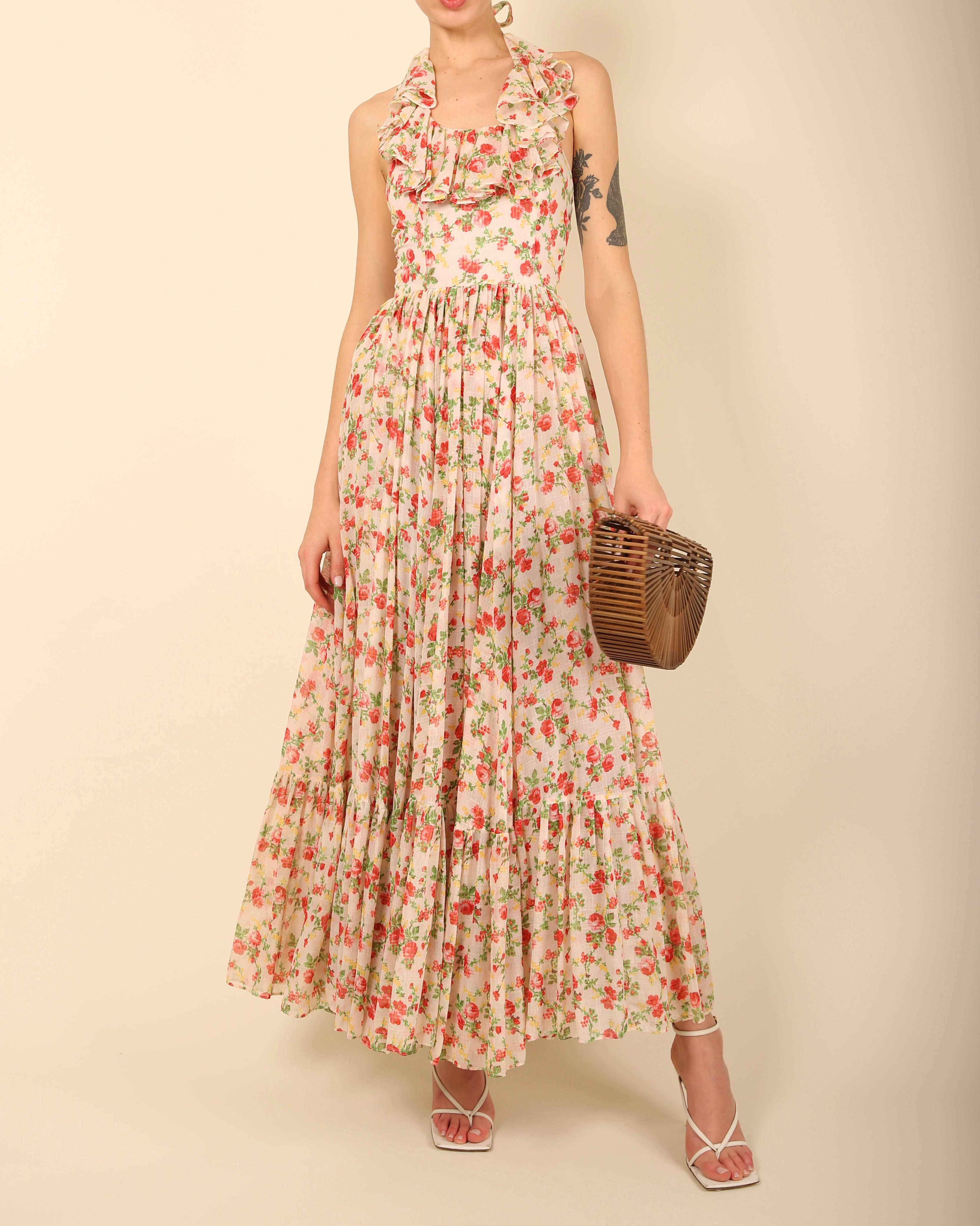 Vintage cottagecore prairie cotton white red floral print halter backless dress For Sale 5