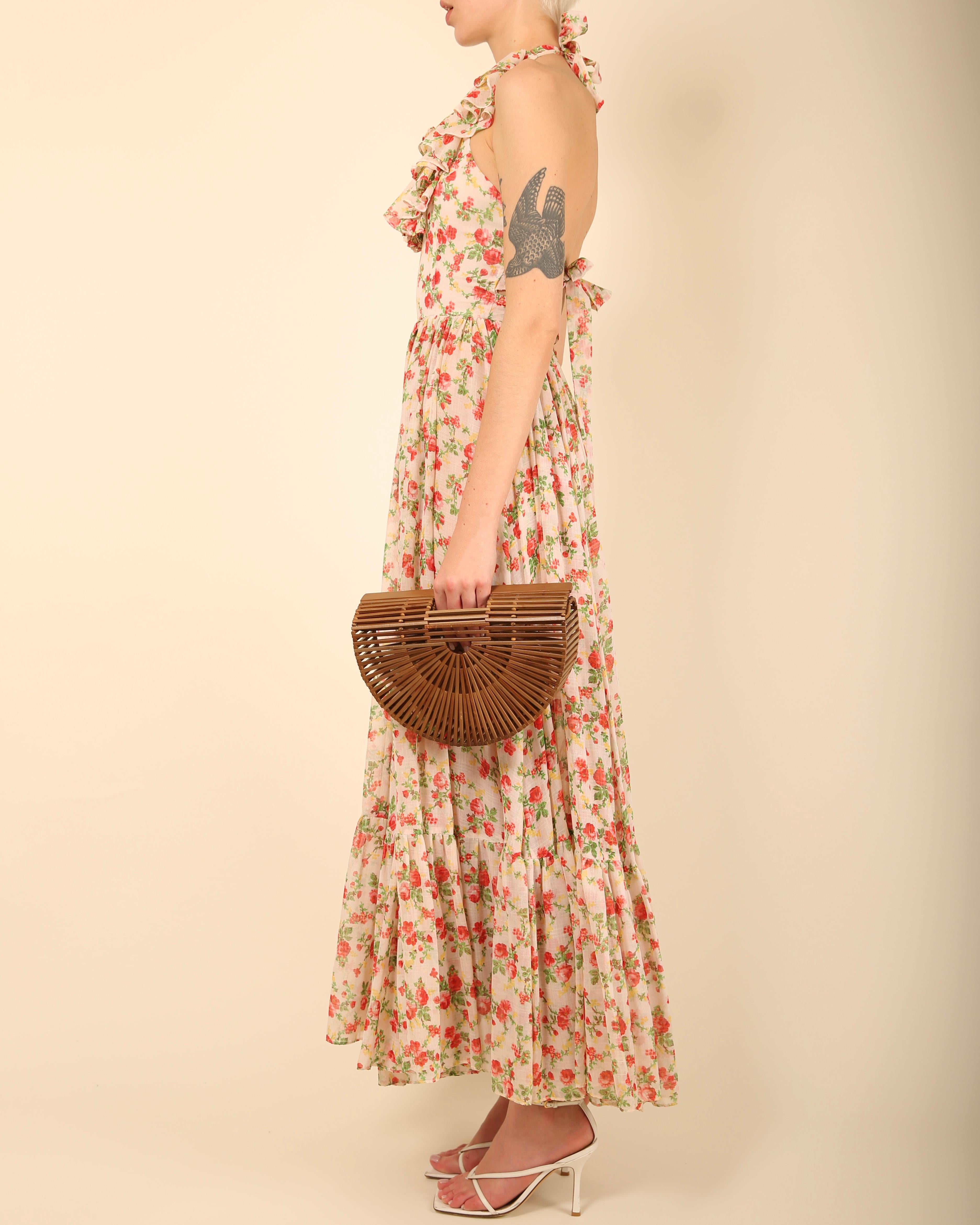 Vintage cottagecore prairie cotton white red floral print halter backless dress For Sale 6