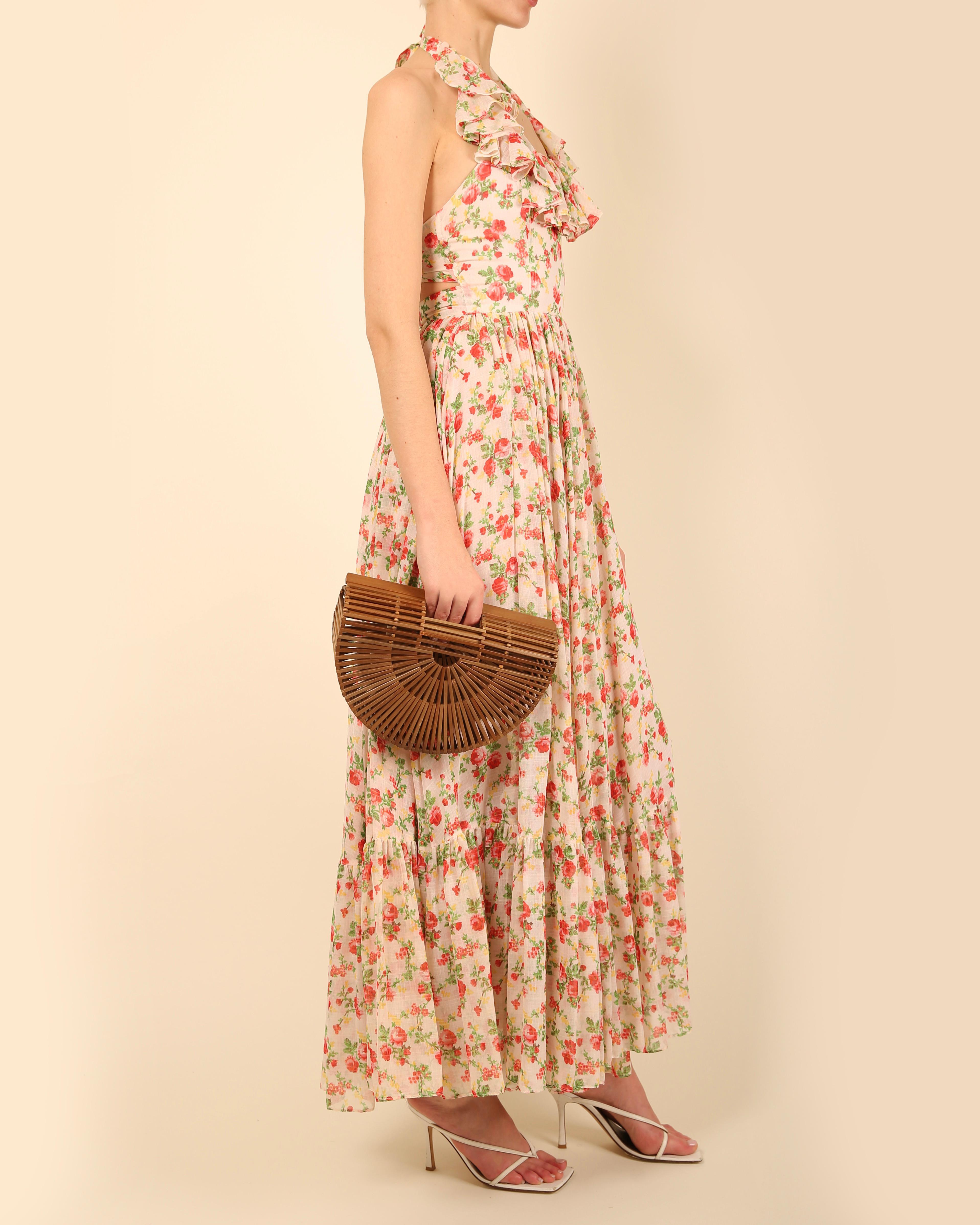 rückenfreies Vintage cottagecore-Kleid aus Baumwolle mit weißem und rotem Blumendruck im Angebot 7