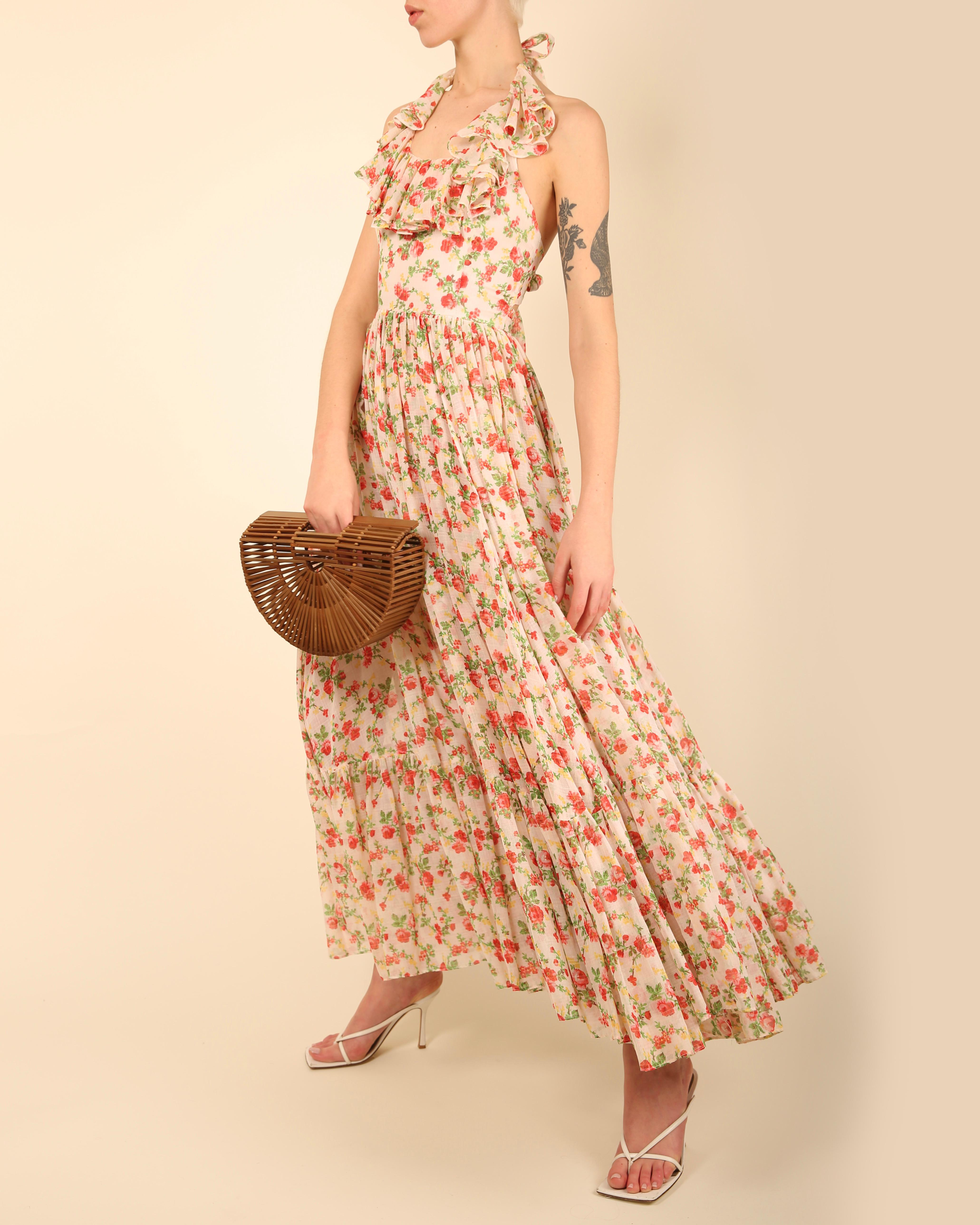 Vintage cottagecore prairie cotton white red floral print halter backless dress For Sale 10