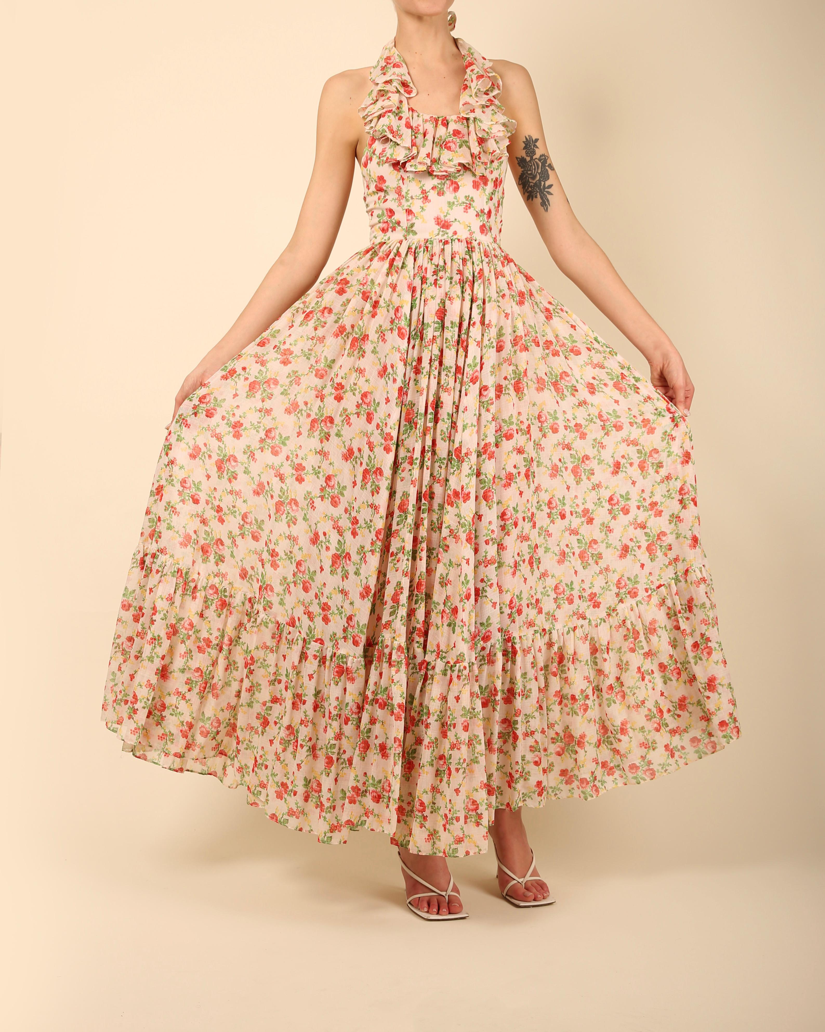 Vintage cottagecore prairie cotton white red floral print halter backless dress For Sale 12