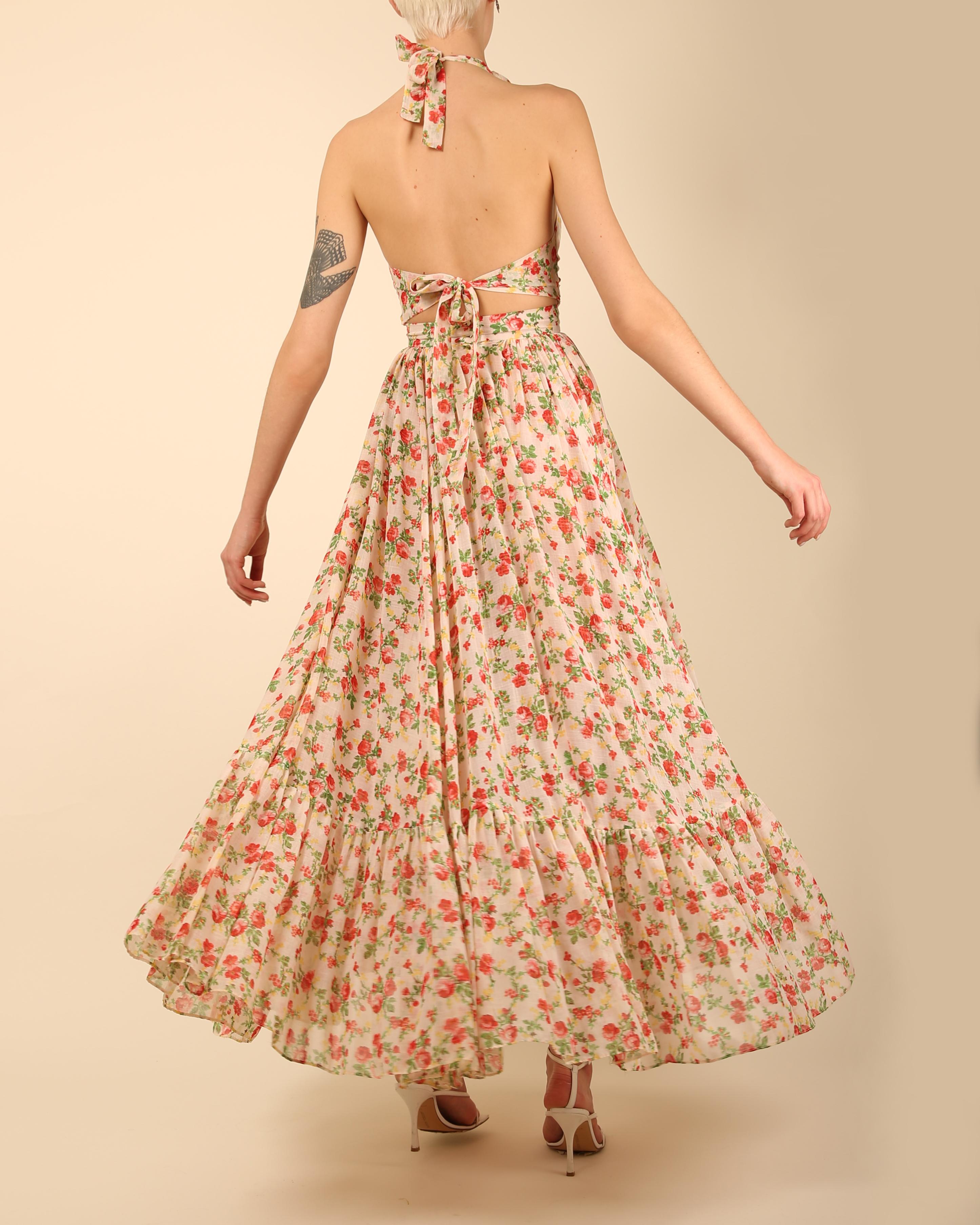 rückenfreies Vintage cottagecore-Kleid aus Baumwolle mit weißem und rotem Blumendruck im Angebot 13