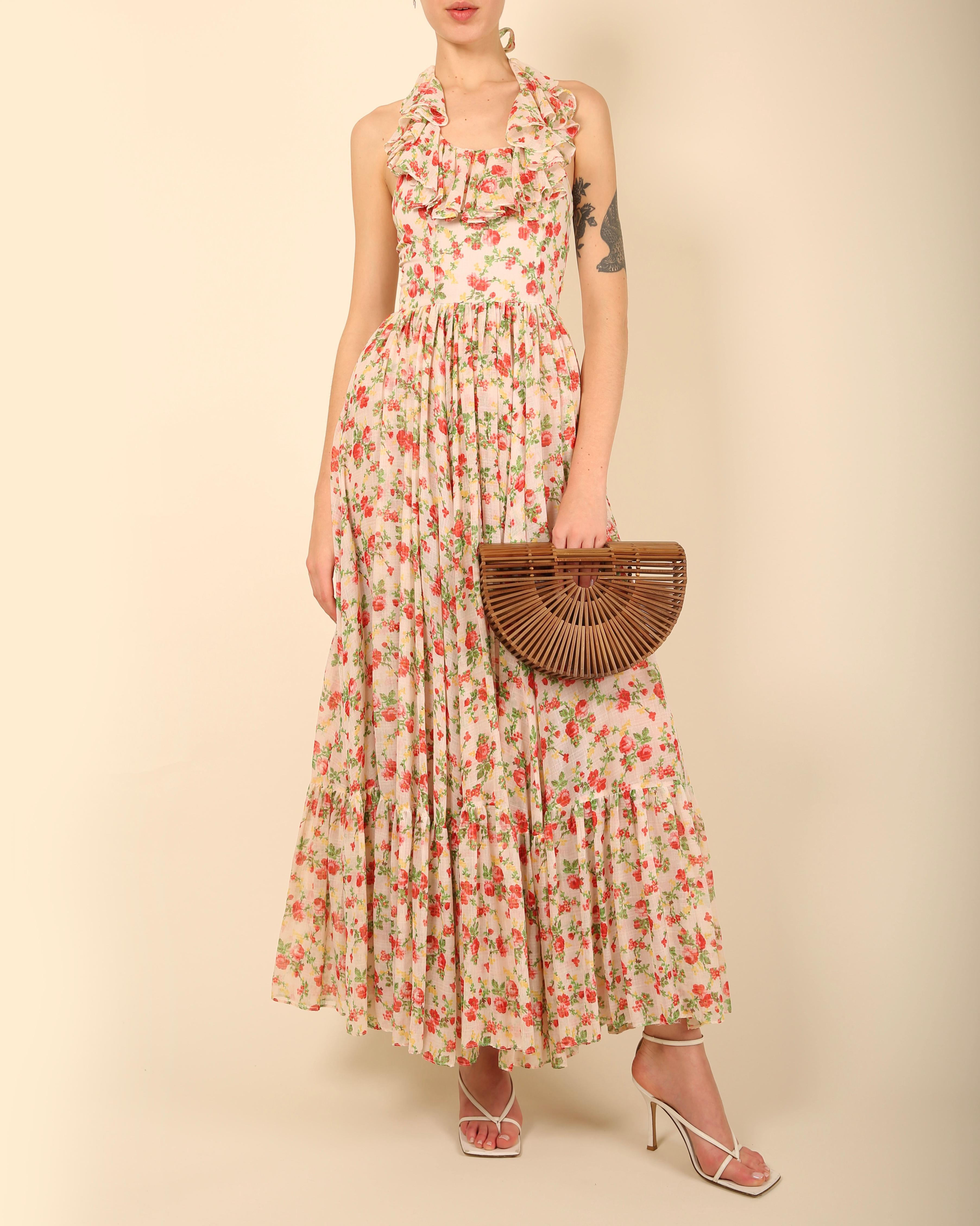 Brown Vintage cottagecore prairie cotton white red floral print halter backless dress For Sale