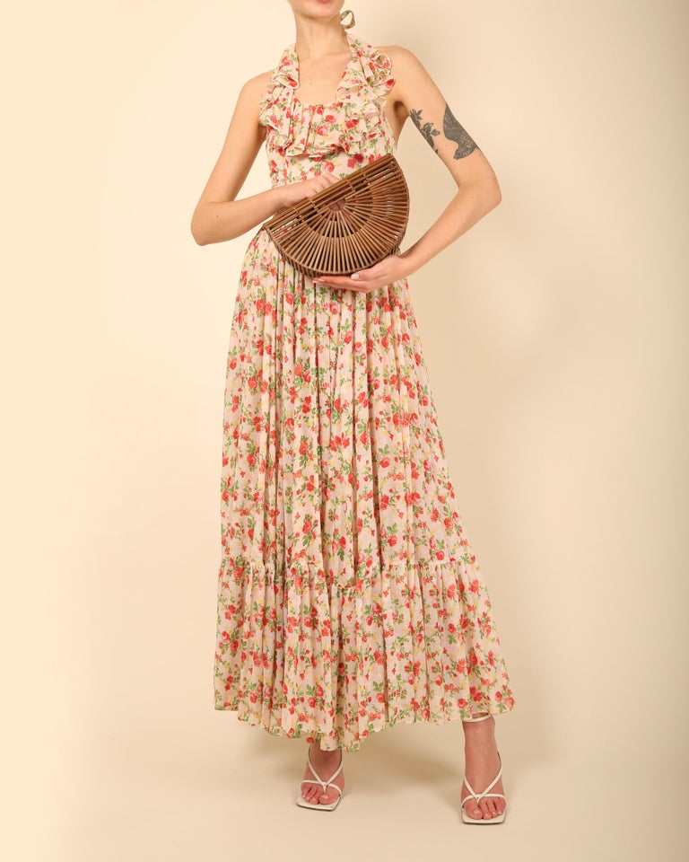 Vintage cottagecore prairie cotton white red floral print halter backless  dress For Sale at 1stDibs