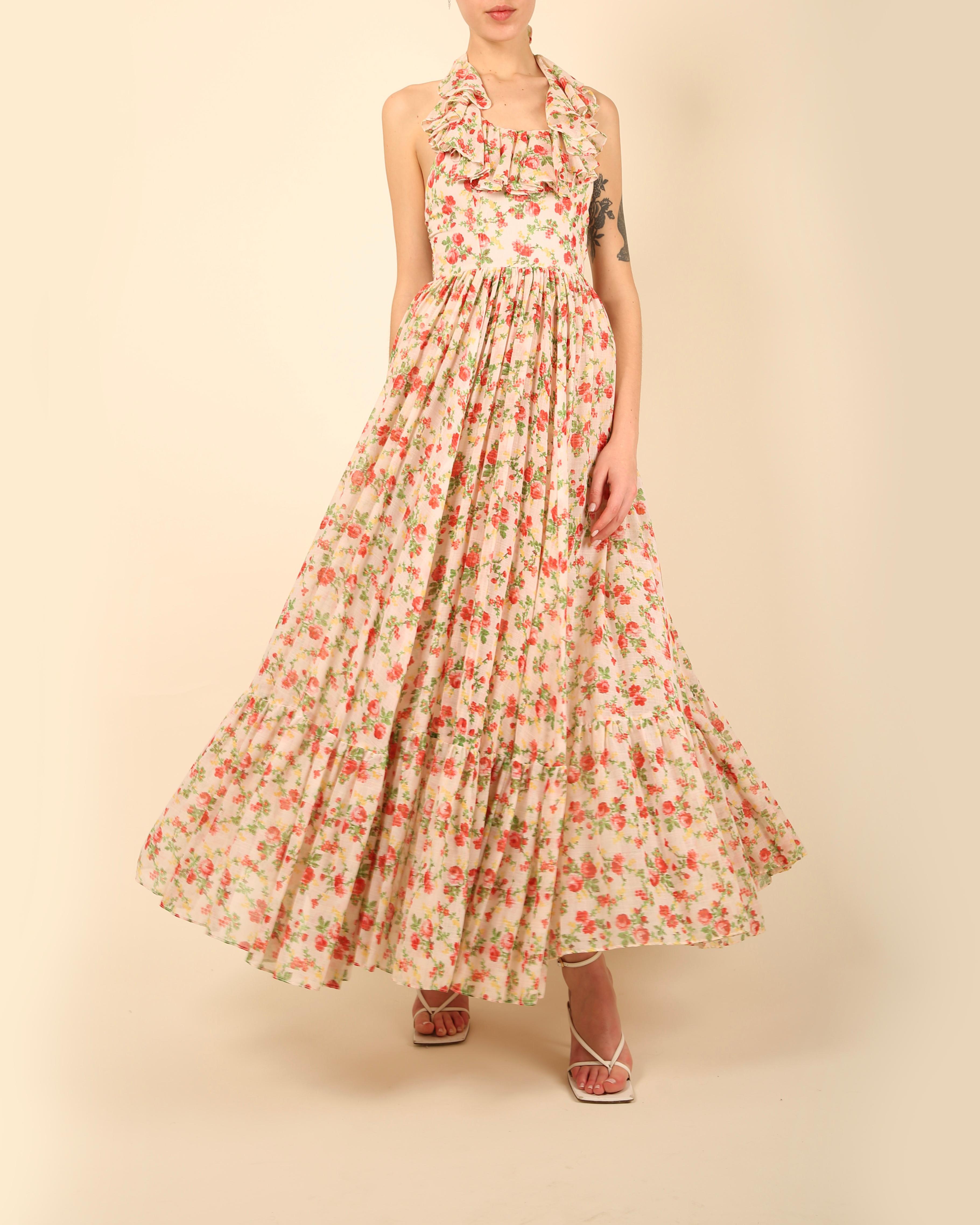 rückenfreies Vintage cottagecore-Kleid aus Baumwolle mit weißem und rotem Blumendruck (Braun) im Angebot