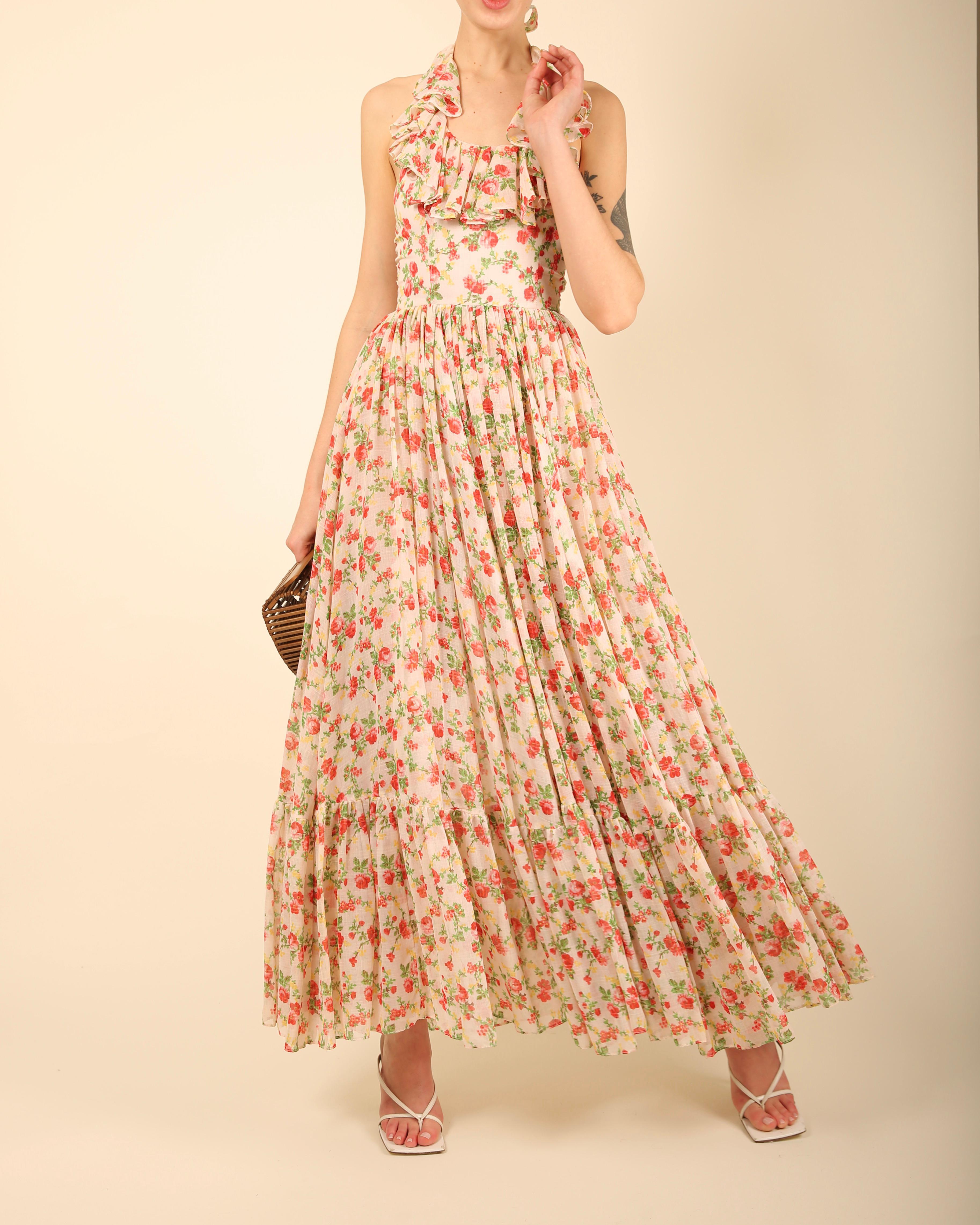 Women's Vintage cottagecore prairie cotton white red floral print halter backless dress For Sale