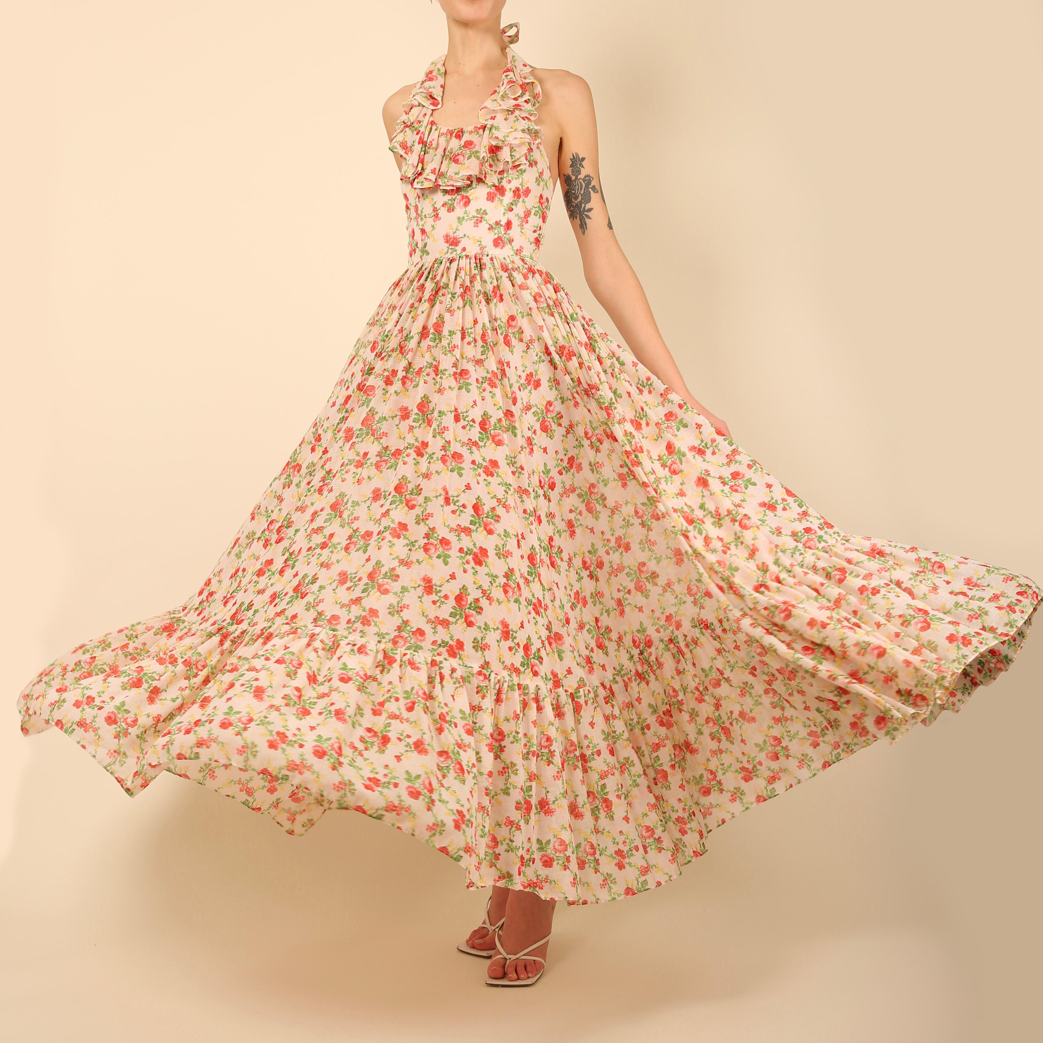 Vintage cottagecore prairie coton blanc rouge imprimé floral robe dos nu en vente 1