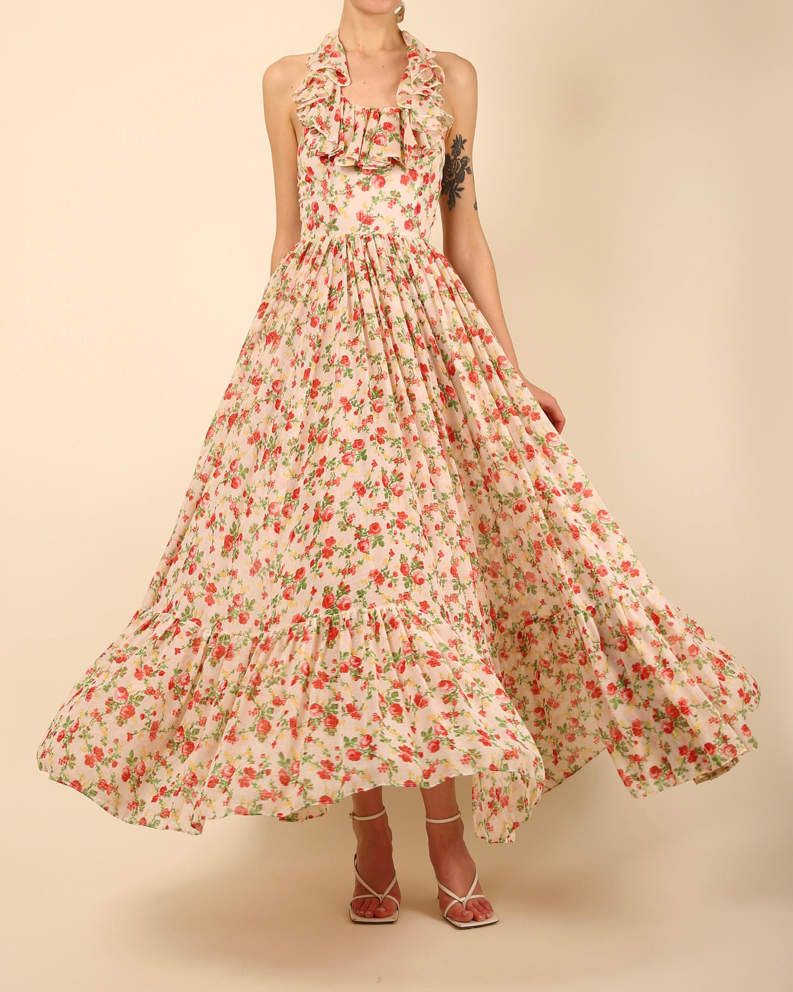 Vintage cottagecore prairie cotton white red floral print halter backless dress For Sale 2