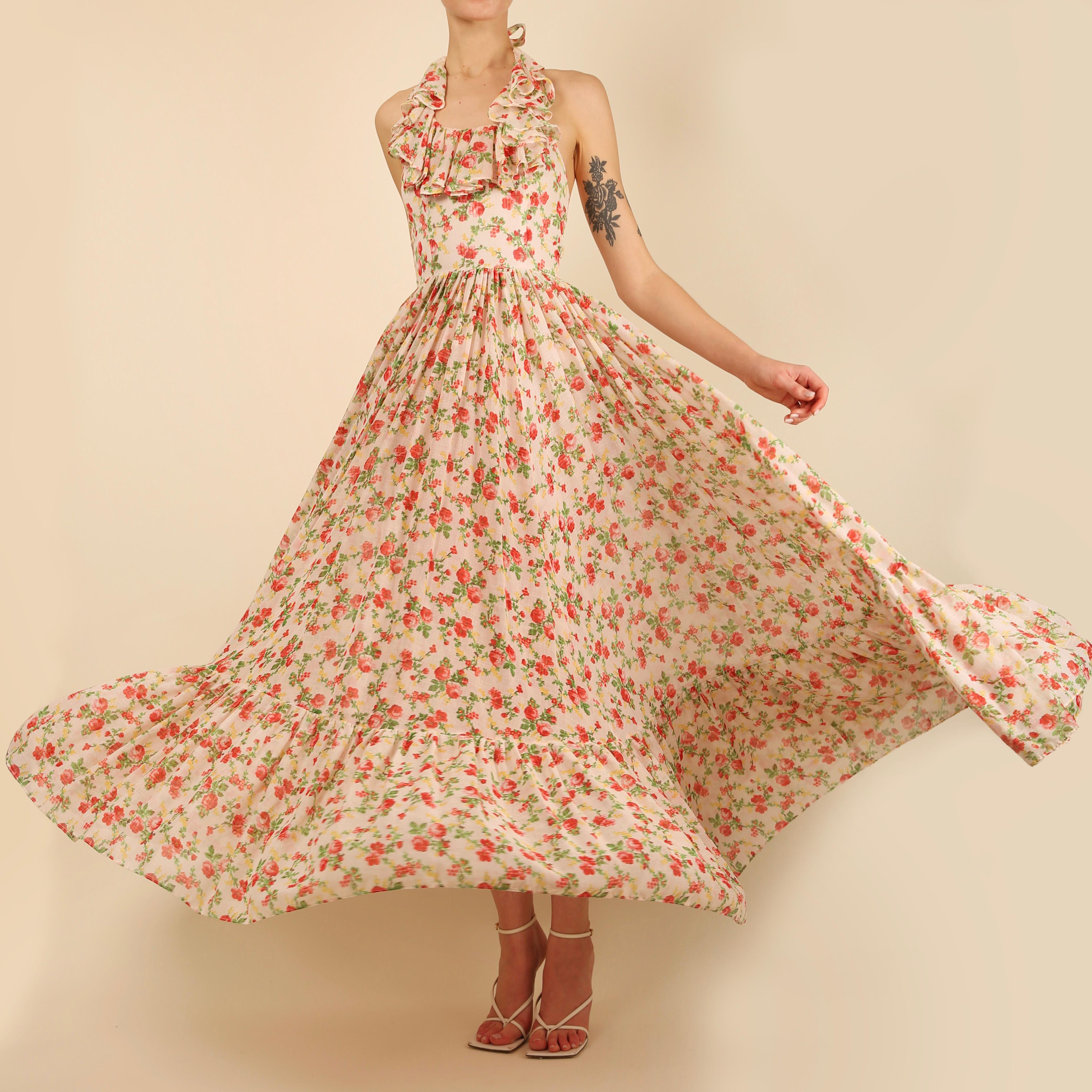 Vintage cottagecore prairie coton blanc rouge imprimé floral robe dos nu en vente 3