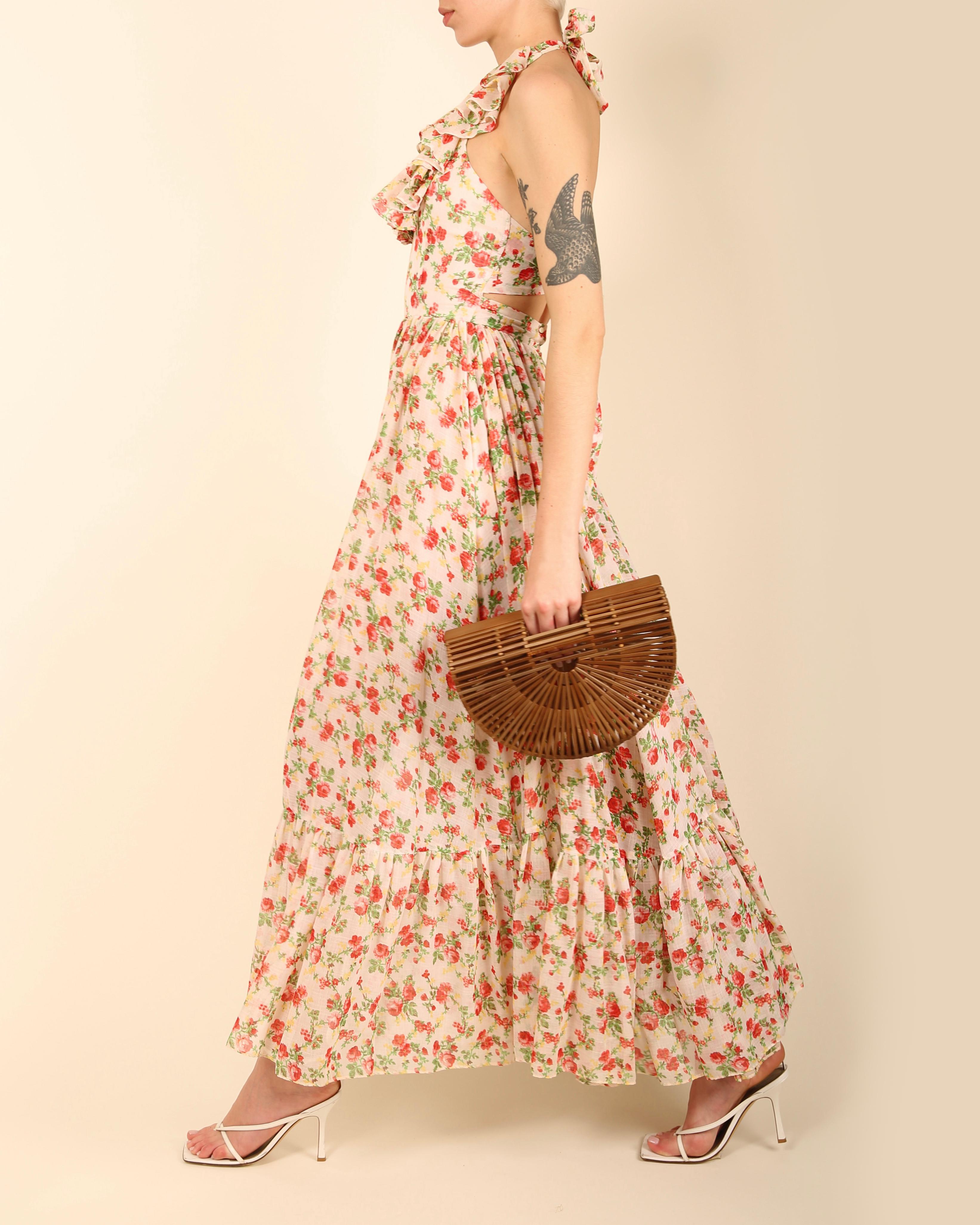 Vintage cottagecore prairie coton blanc rouge imprimé floral robe dos nu en vente 4