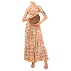 Vintage cottagecore prairie cotton white red floral print halter backless dress