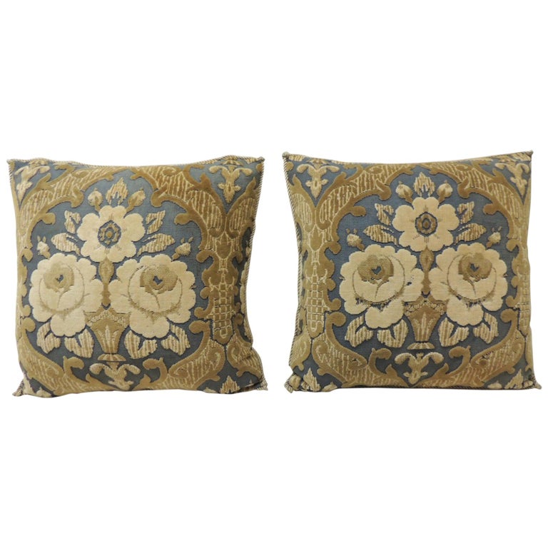Vintage Cotton Cut Velvet Blue And Yellow Floral Decorative Pillows For Sale At 1stdibs