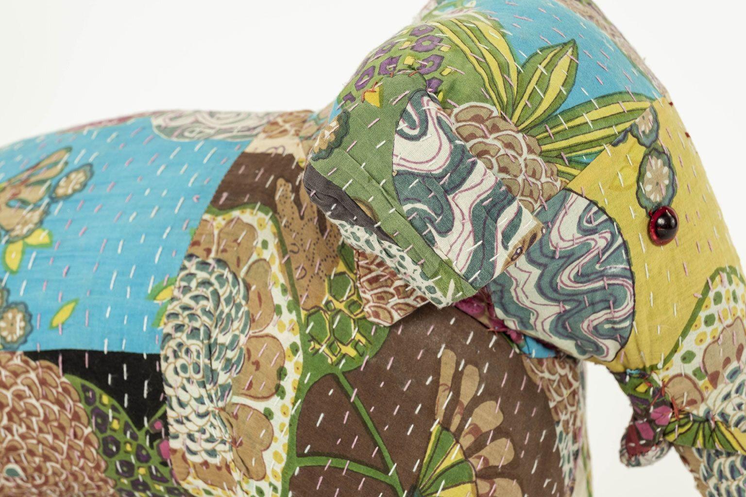 Vintage Cotton Elephant Covered in Indian Textiles In Fair Condition For Sale In Houston, TX