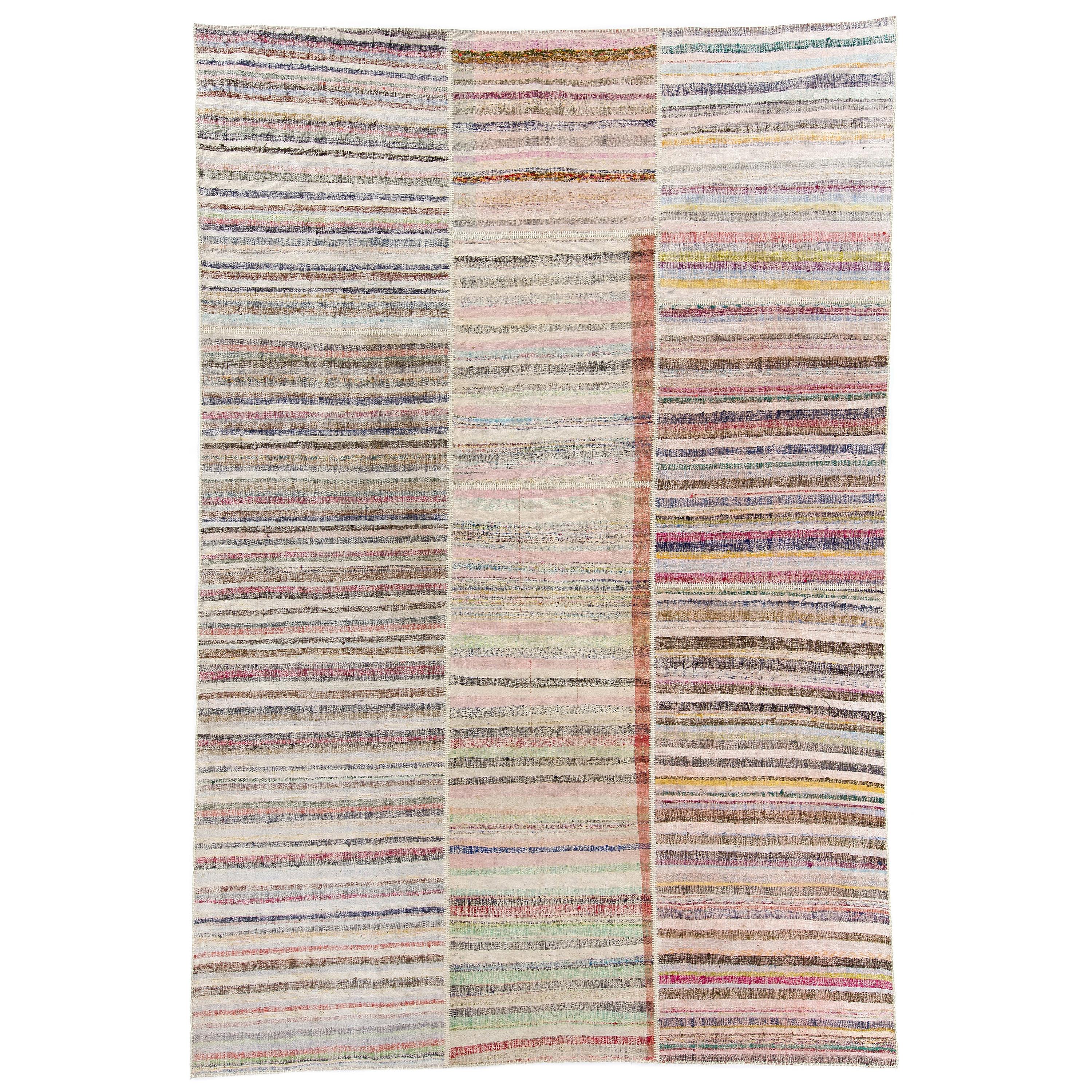 9.8x14.3 Ft Vintage Cotton Kilim with Pastel Colored Stripes, Turkish Rag Rug For Sale