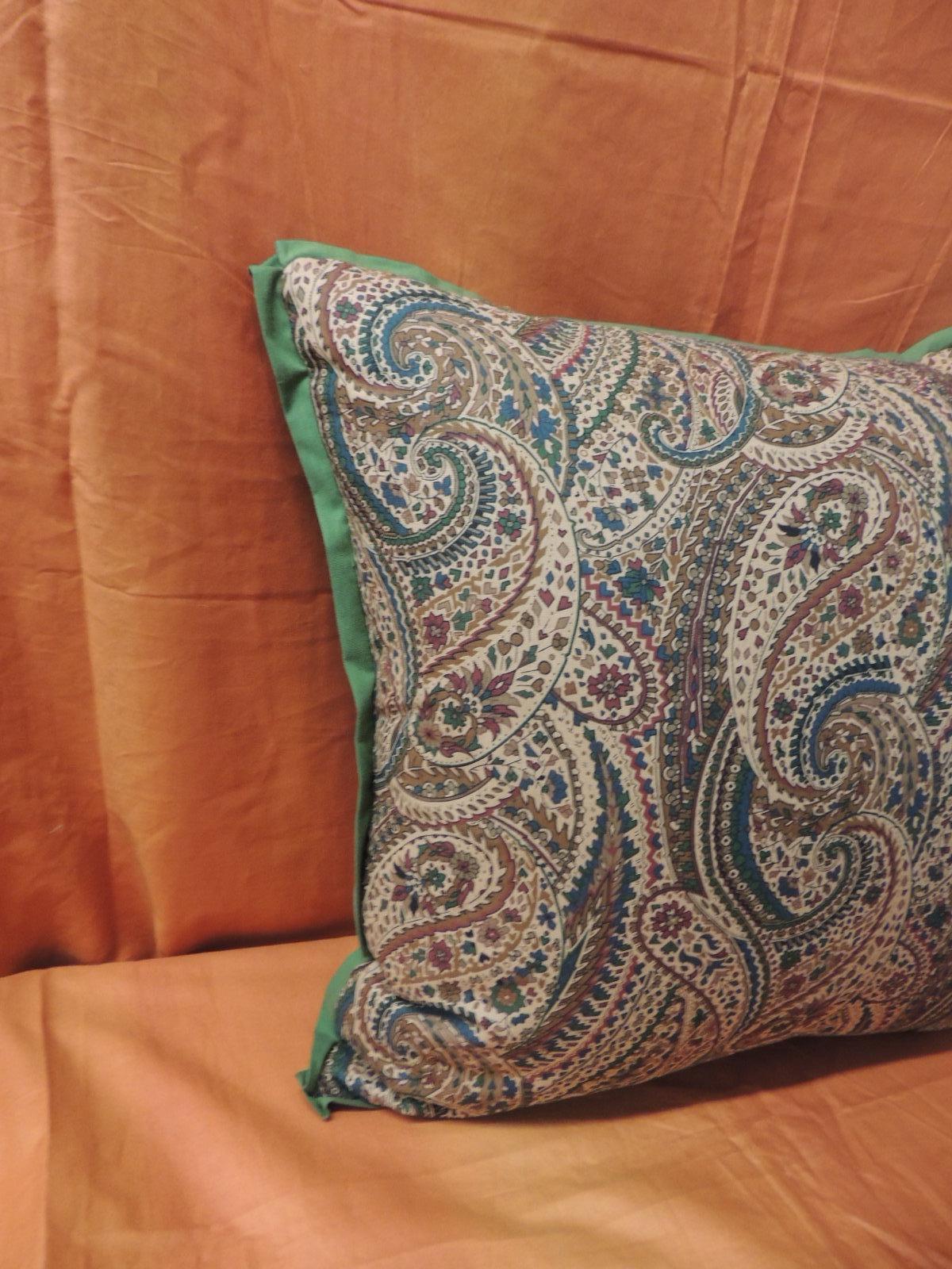 Printed paisley pillow with embellished with a hunter green flat ATG custom trim and moss green linen backing. Decorative vintage textile pillow in shades of hunter green, moss green red, camel, blue and tan. Vintage decorative pillow handcrafted
