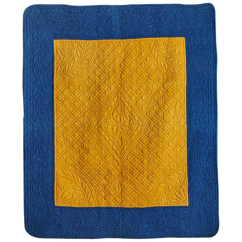 Vintage Cotton Quilt in Indigo and Saffron Yellow, French, Early 19th Century