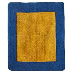 Vintage Cotton Quilt in Indigo and Saffron Yellow, French, Early 19th Century