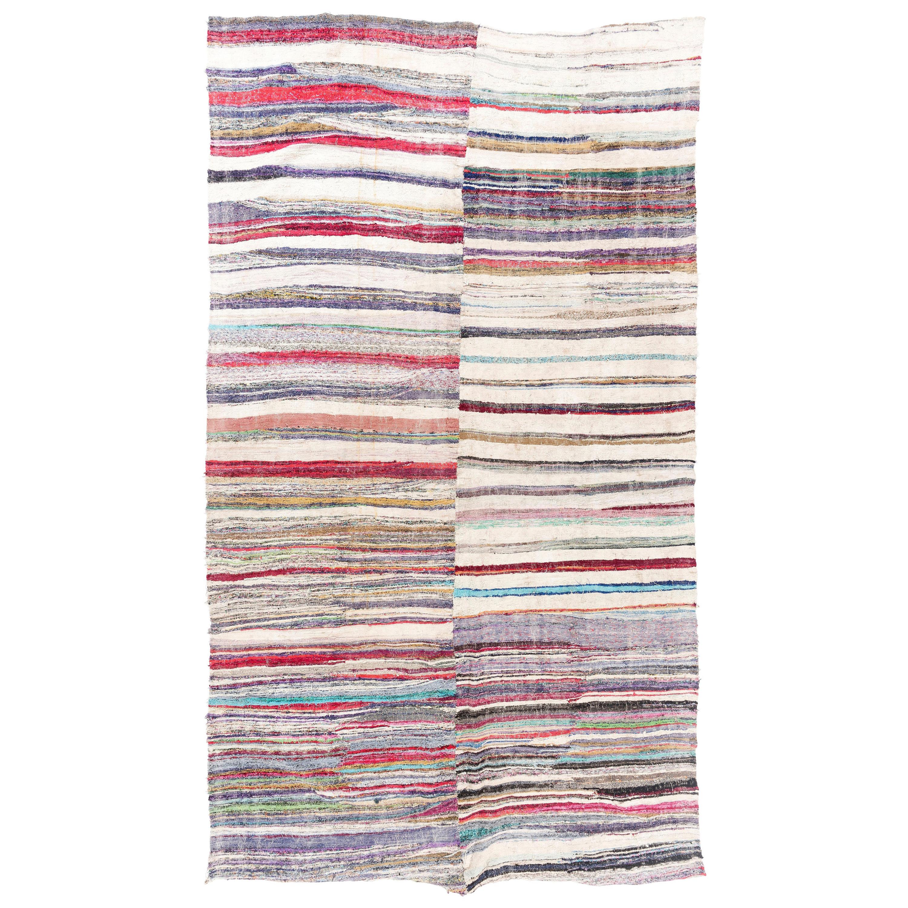 7.4x12.7 Ft Vintage Striped Pattern Cotton Rag Rug. Flat-Weave Kilim Carpet