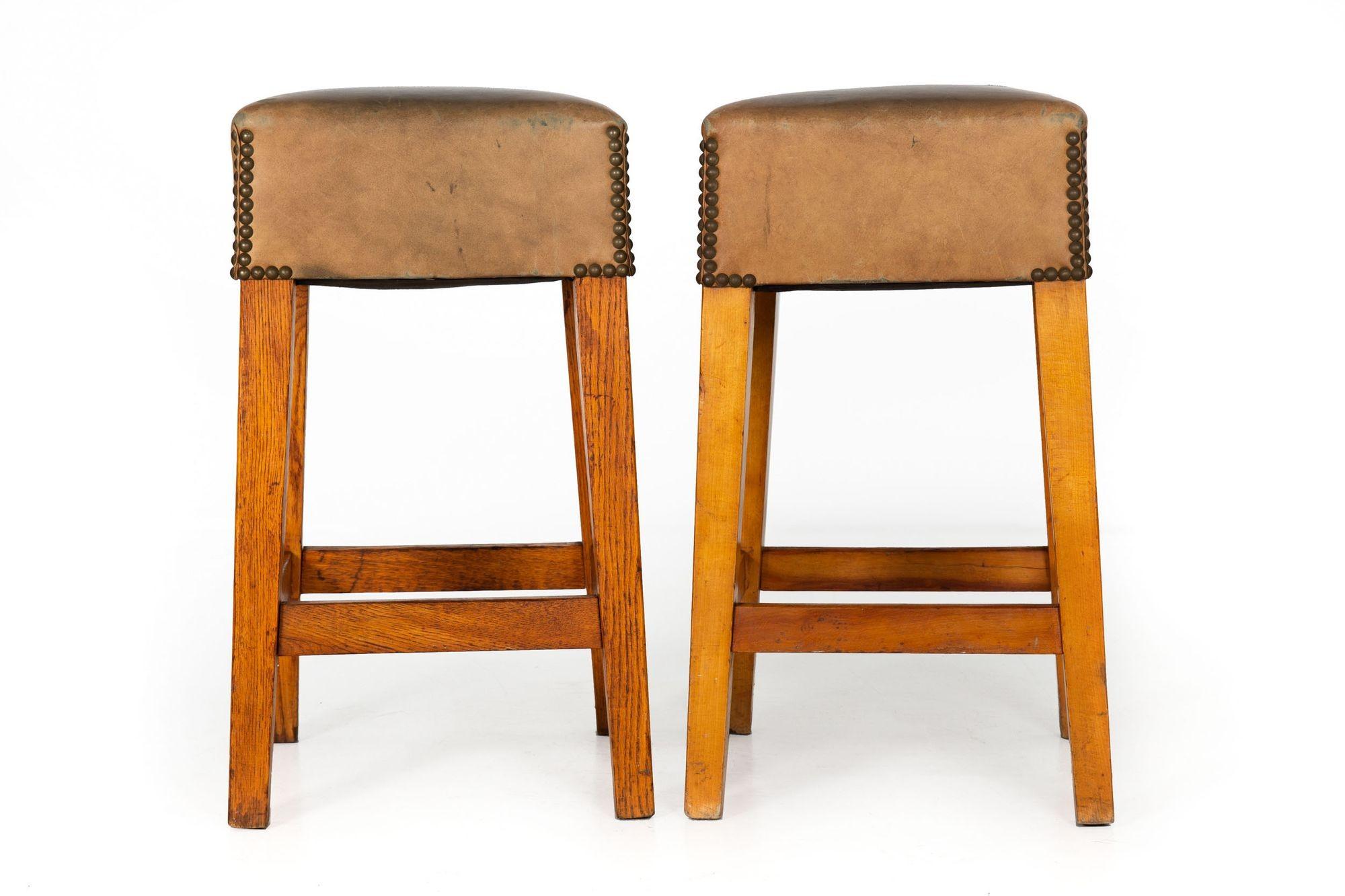 Mid-Century Modern Vintage Counter Height Oak & Cherry Worn Leather Barstools For Sale