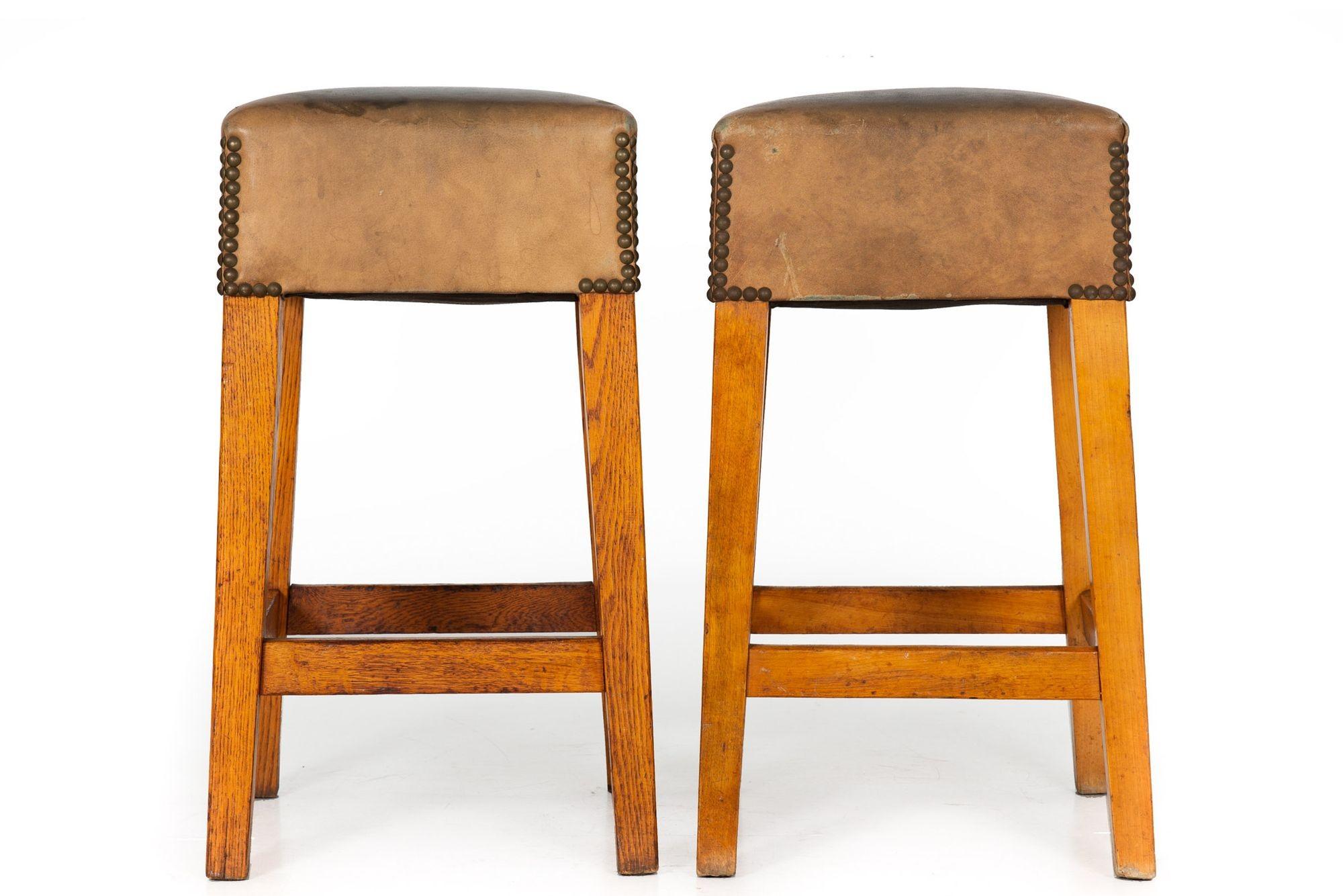 American Vintage Counter Height Oak & Cherry Worn Leather Barstools For Sale