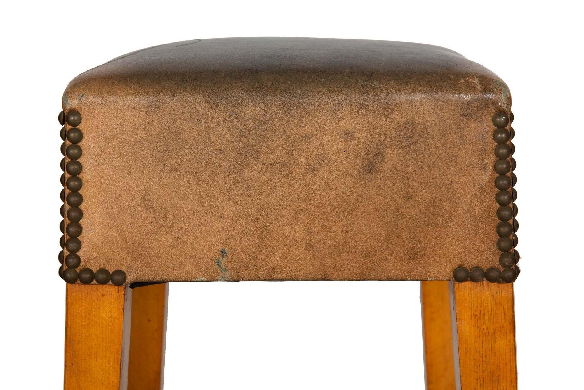 20th Century Vintage Counter Height Oak & Cherry Worn Leather Barstools For Sale