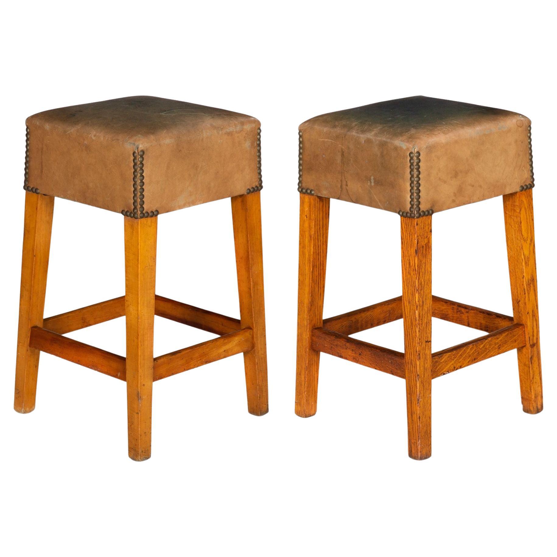 Vintage Counter Height Oak & Cherry Worn Leather Barstools For Sale