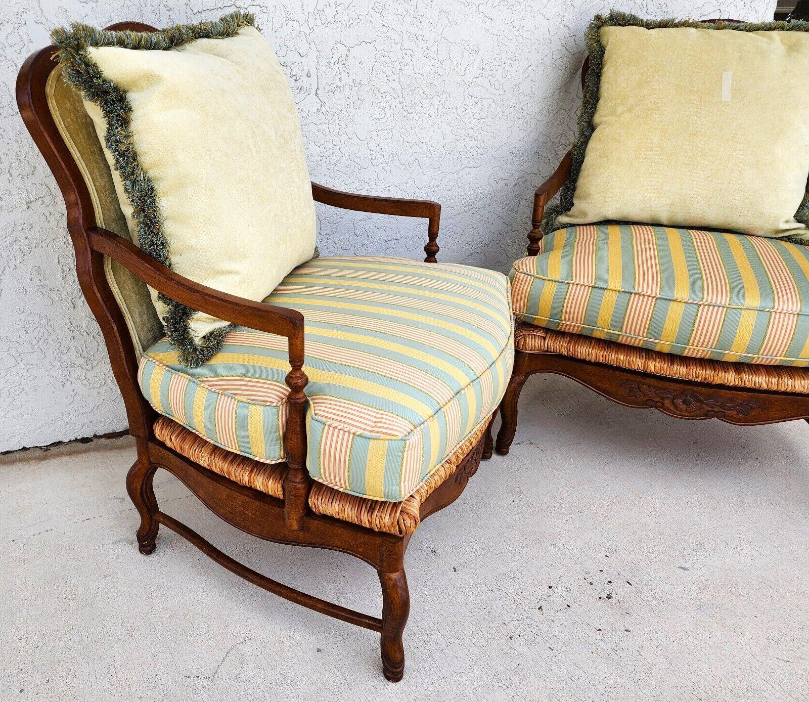 Late 20th Century Vintage Country French Armchairs Rush Seats, Set of 2