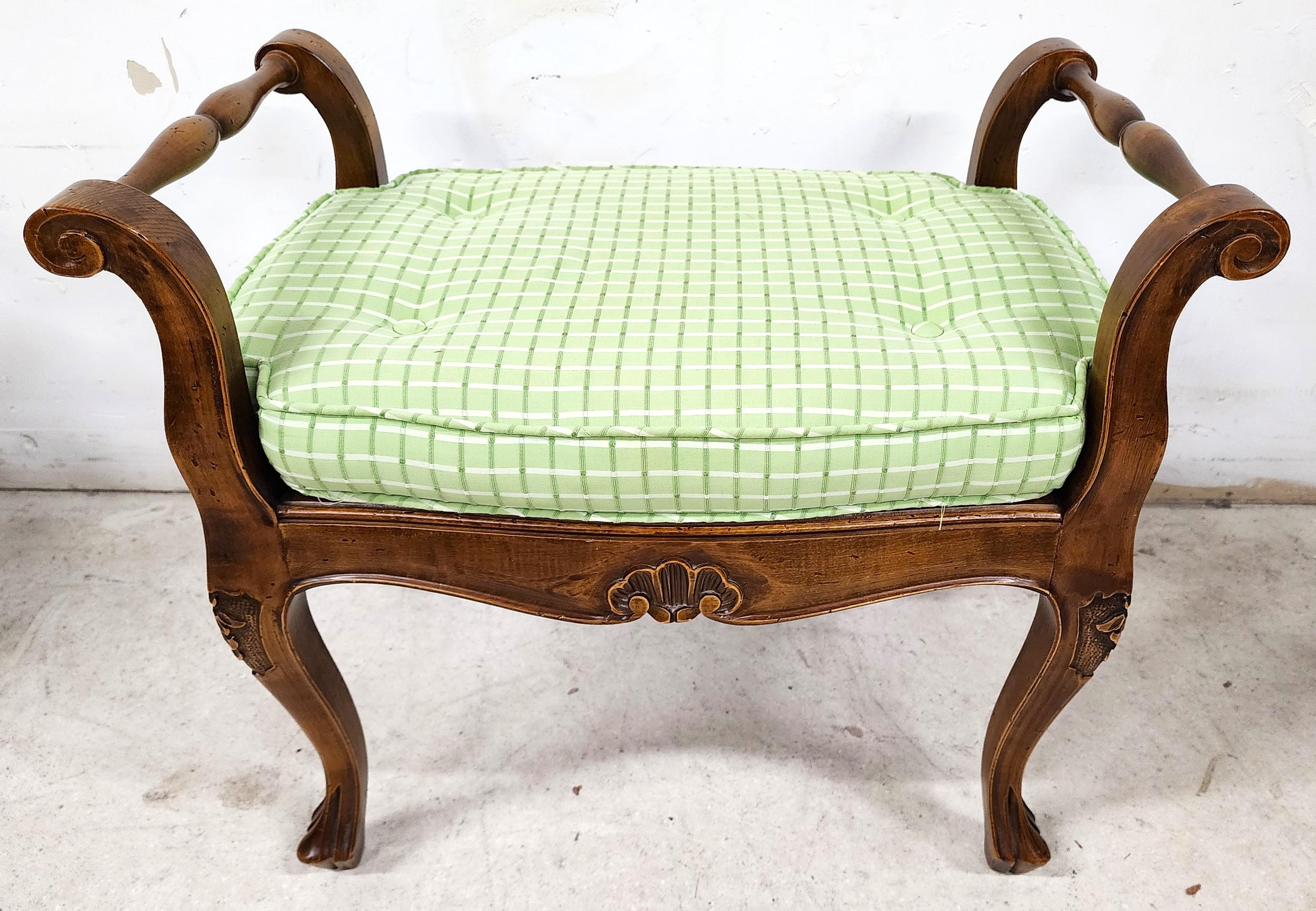 Vintage Country French Bench with Cane Sea Reversible Cushion In Good Condition In Lake Worth, FL