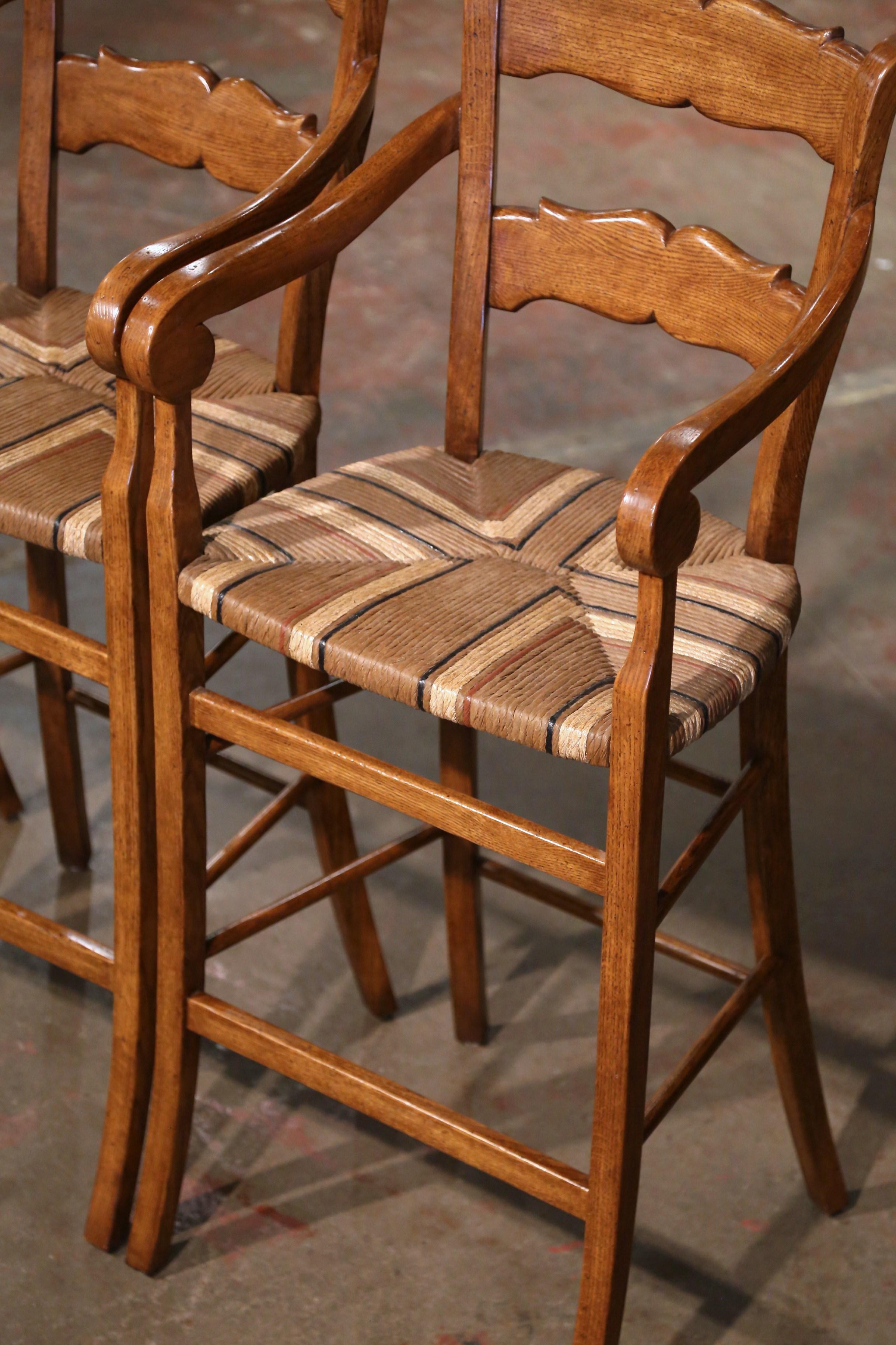  Vintage Country French Carved Oak Stools with Painted Rush Seat, Set of Four For Sale 6