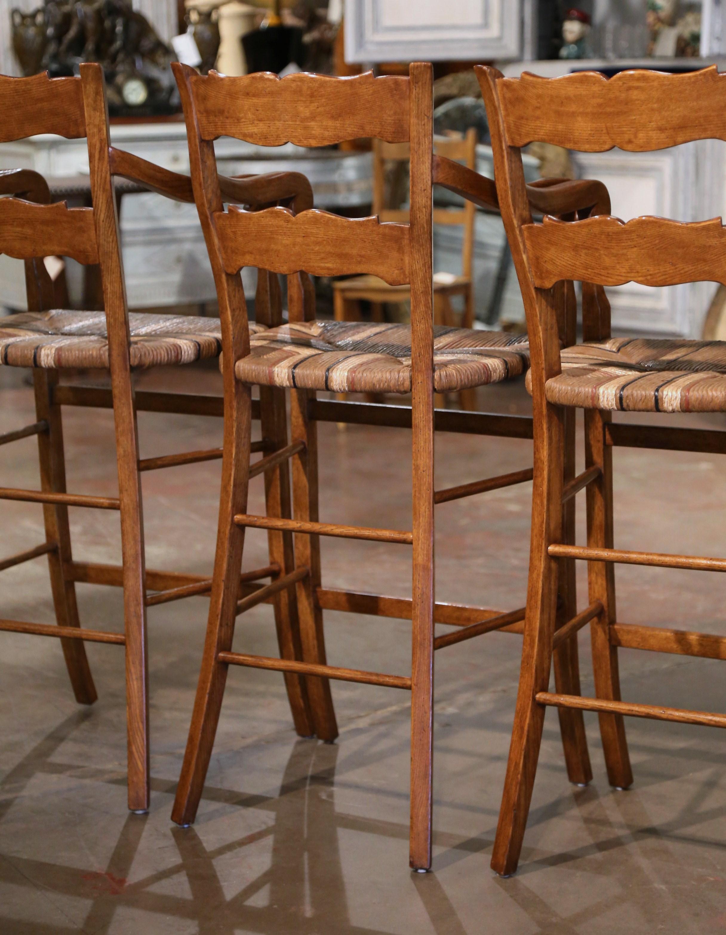  Vintage Country French Carved Oak Stools with Painted Rush Seat, Set of Four For Sale 8