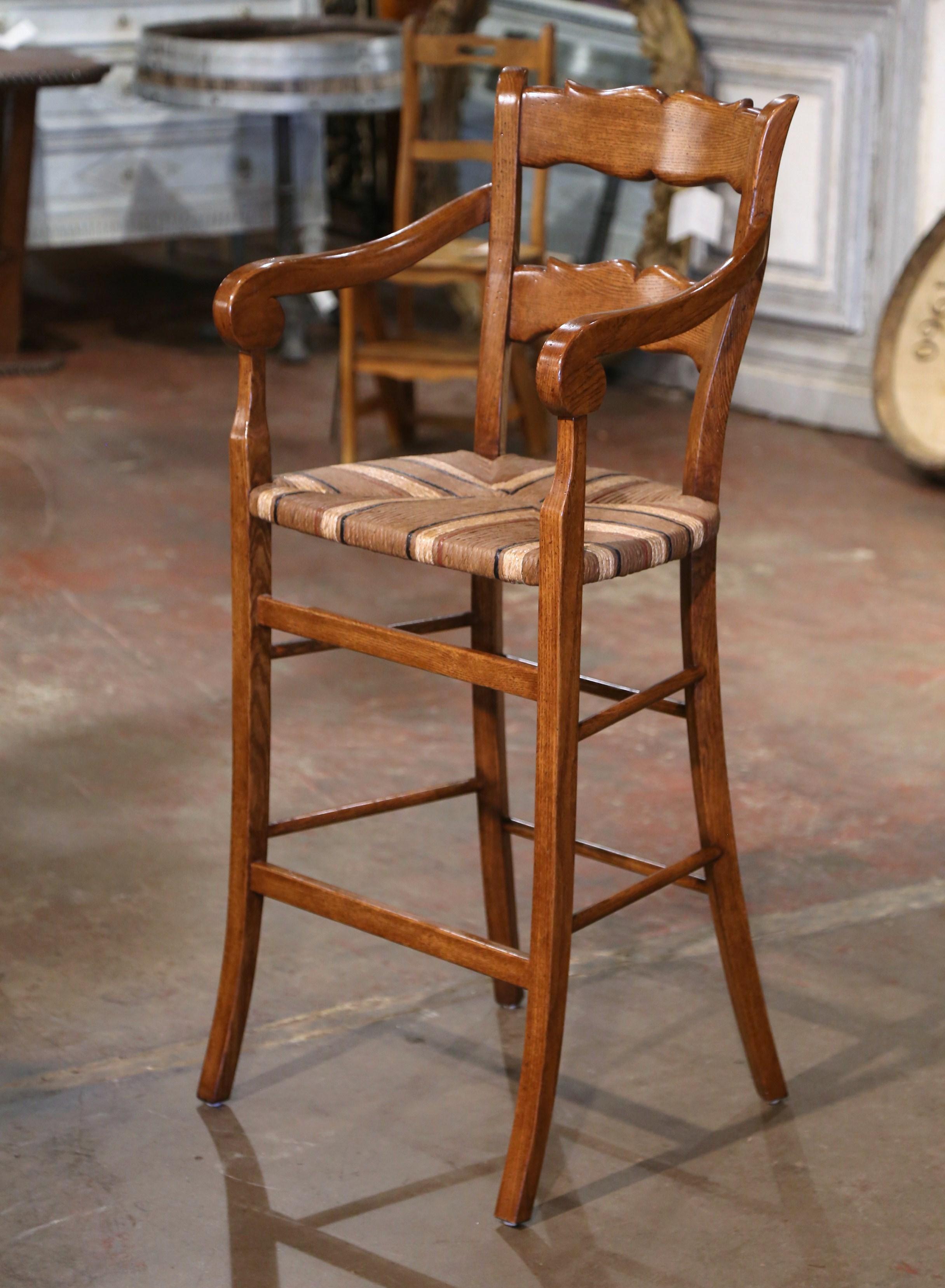  Vintage Country French Carved Oak Stools with Painted Rush Seat, Set of Four For Sale 10