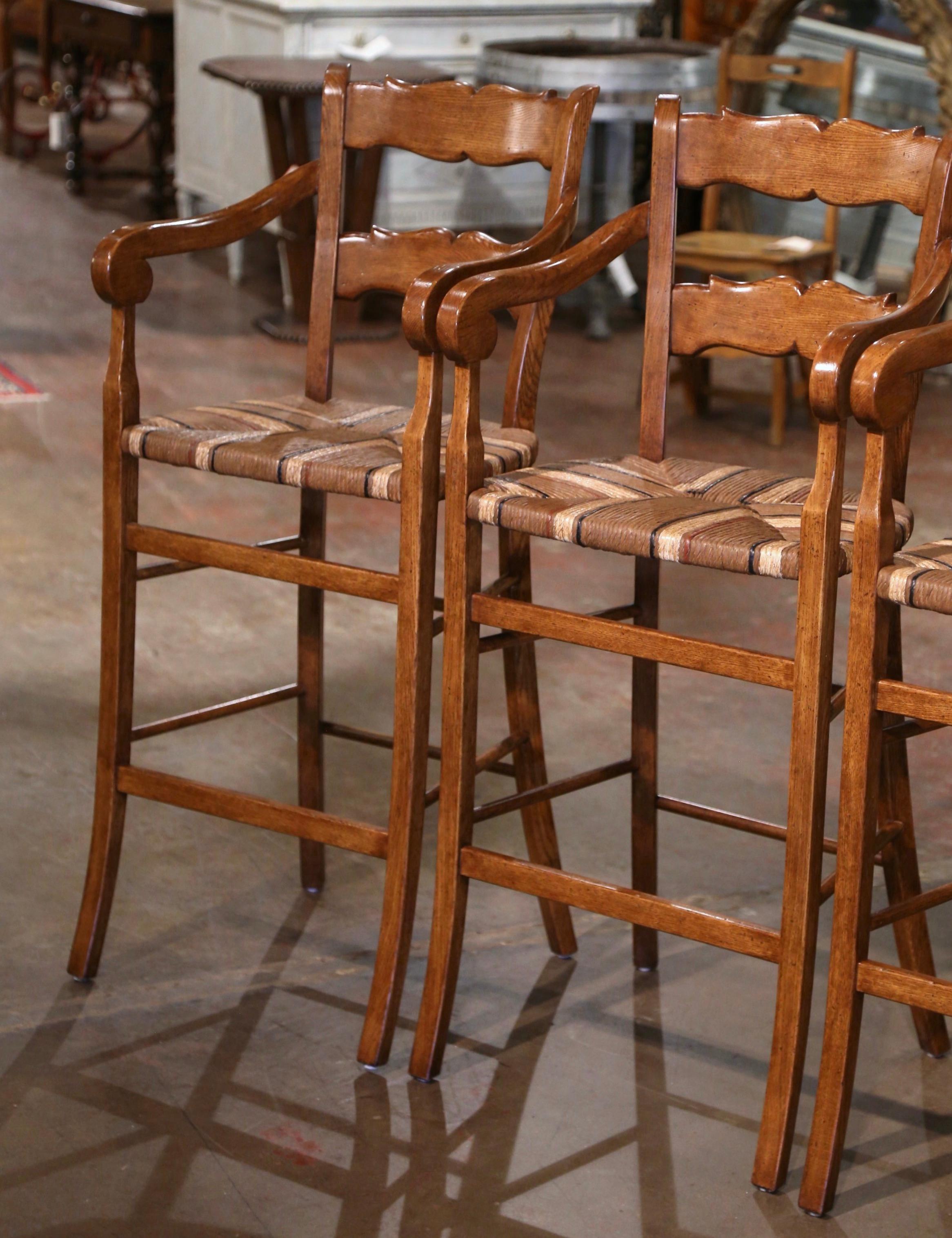 Hand-Carved  Vintage Country French Carved Oak Stools with Painted Rush Seat, Set of Four For Sale