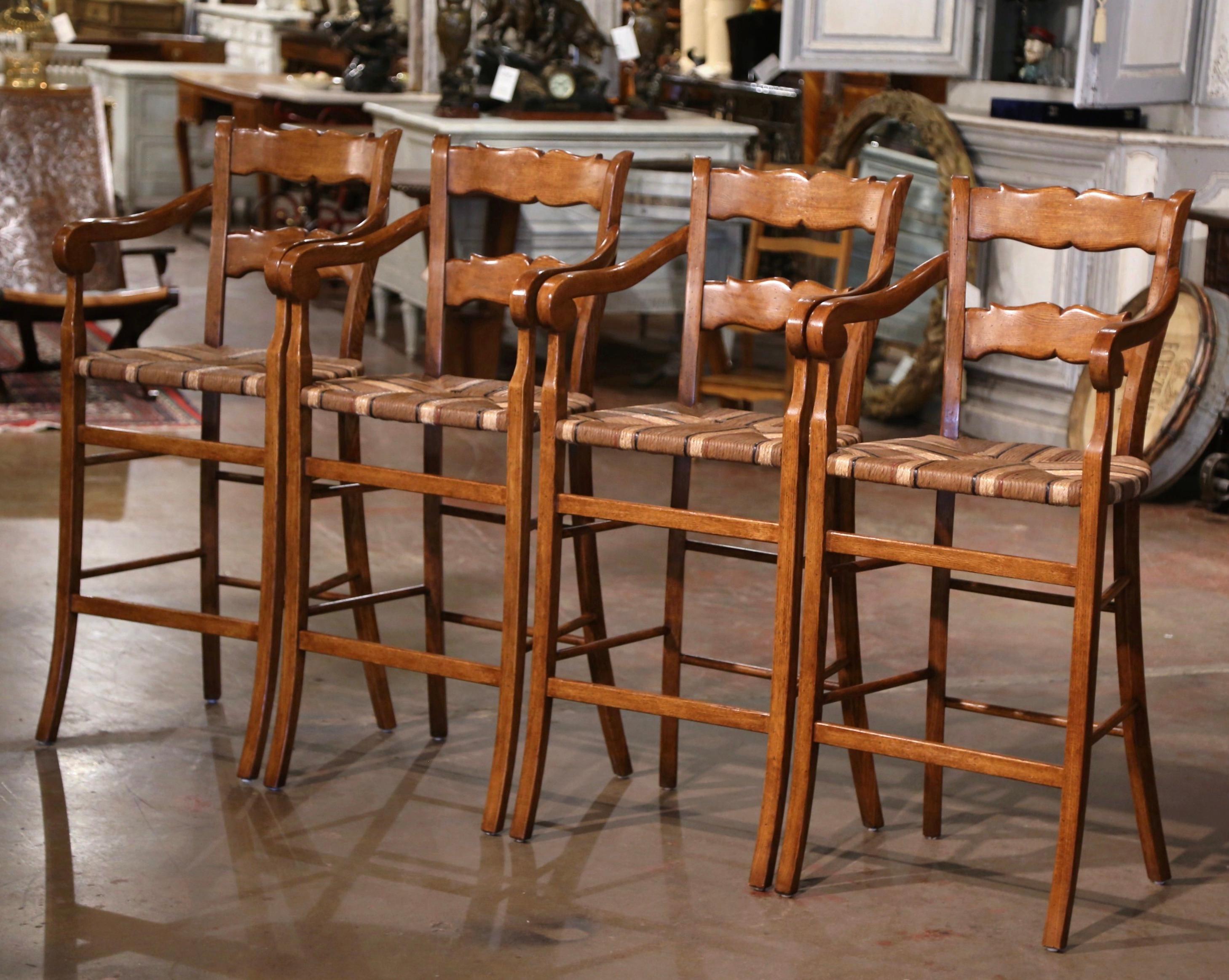 20th Century  Vintage Country French Carved Oak Stools with Painted Rush Seat, Set of Four For Sale